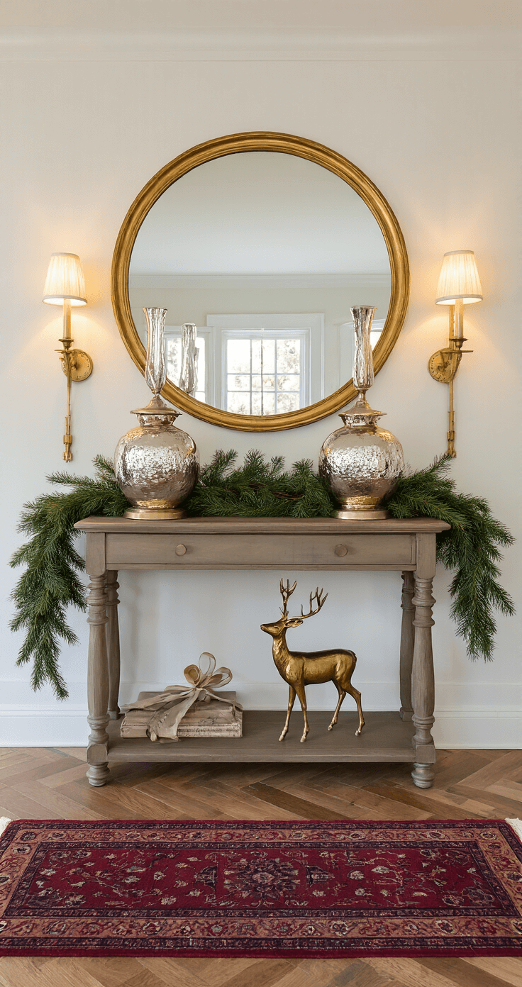 Creating a Cozy Christmas Decor: Your Ultimate Guide to Warm Holiday Styling A welcoming foyer featuring herringbone hardwood floors, a vintage console table adorned with mercury glass lamps and brass deer figurines, an oversized round mirror reflecting warm sconce lighting, and a hand-knotted runner in rich reds and navy.