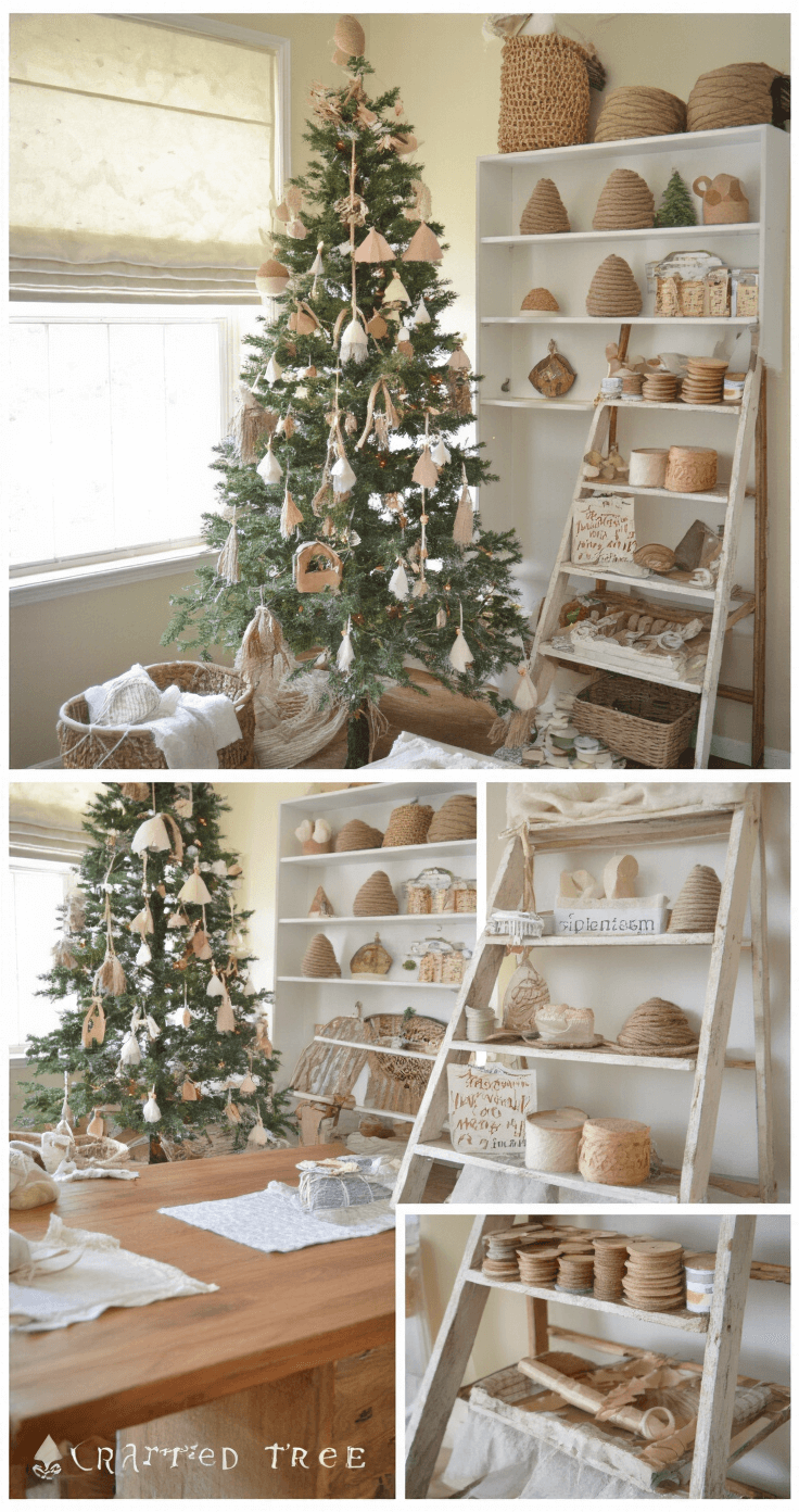 Creative Christmas Tree Ideas for 2025: Unleash Your Festive Imagination A cozy craft room featuring a 6-foot DIY tree adorned with handmade ornaments, bathed in soft afternoon light, with a vintage ladder displaying ribbon spools and a wooden craft table in the foreground.