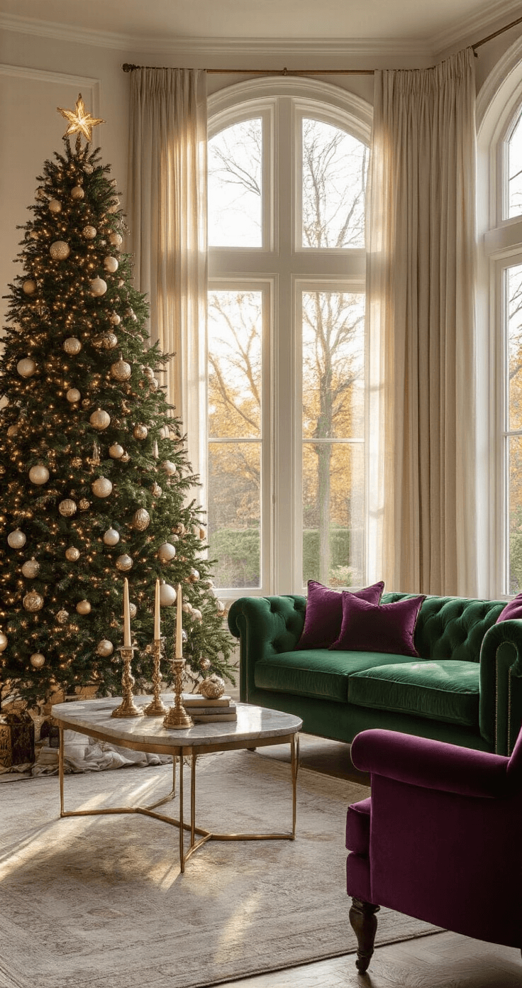 Christmas 2025 Decor: Old World Charm Meets Modern Elegance A spacious living room with a 9ft flocked Fraser fir tree in the bay window, adorned with vintage ornaments, featuring jewel-toned velvet furnishings and warm, filtered light creating an inviting atmosphere.