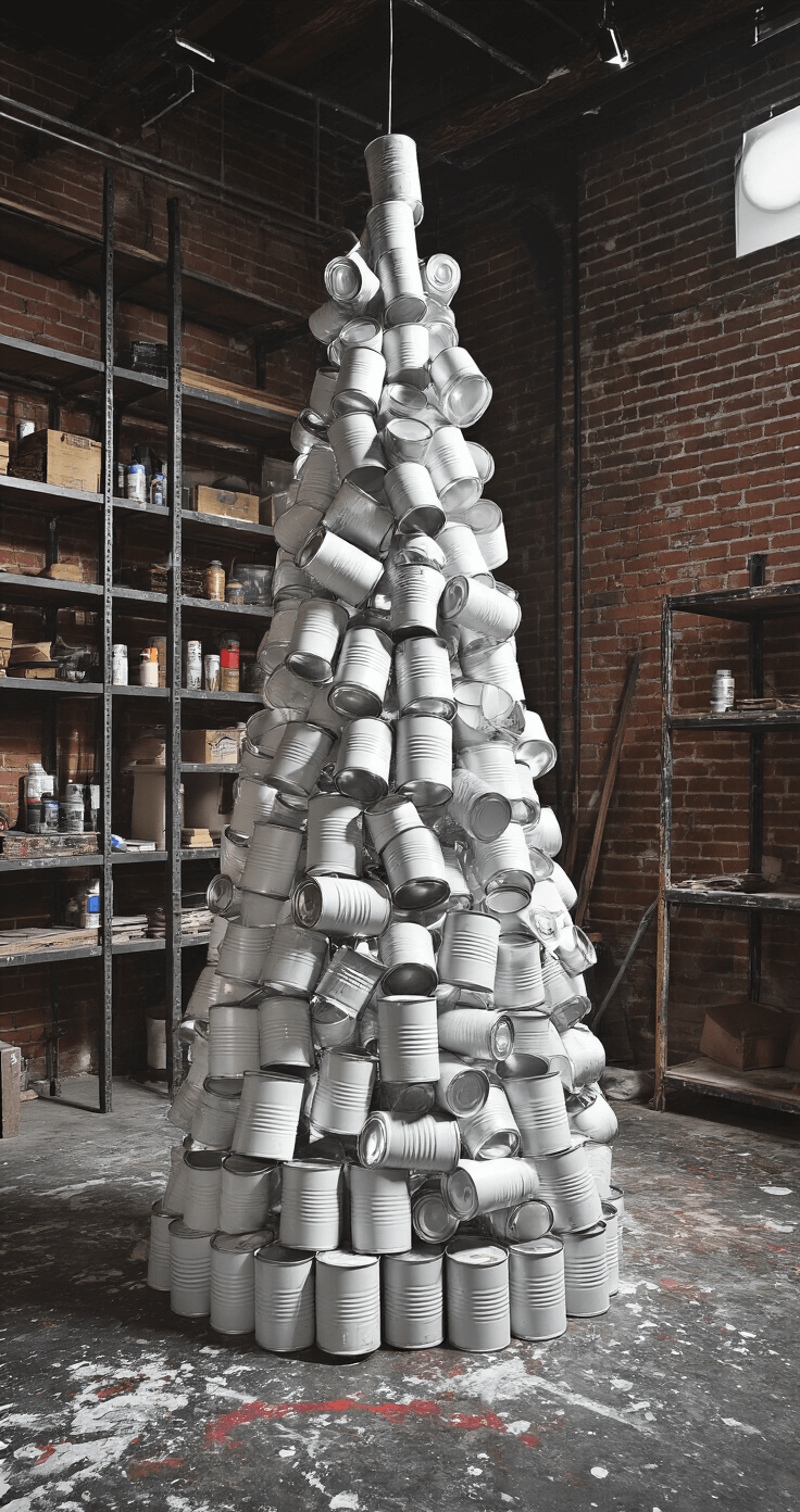 DIY Christmas Tree: Your Ultimate Guide to Festive Home Decor on a Budget An avant-garde Christmas tree sculpture made of suspended matte white tin cans stands 7ft tall in a nighttime artist's studio loft, featuring exposed brick walls and paint-splattered concrete floors. Industrial metal shelving lines the space, and dramatic spotlighting casts intricate shadow patterns, creating a dimensional quality in a monochromatic palette with subtle metallic highlights.