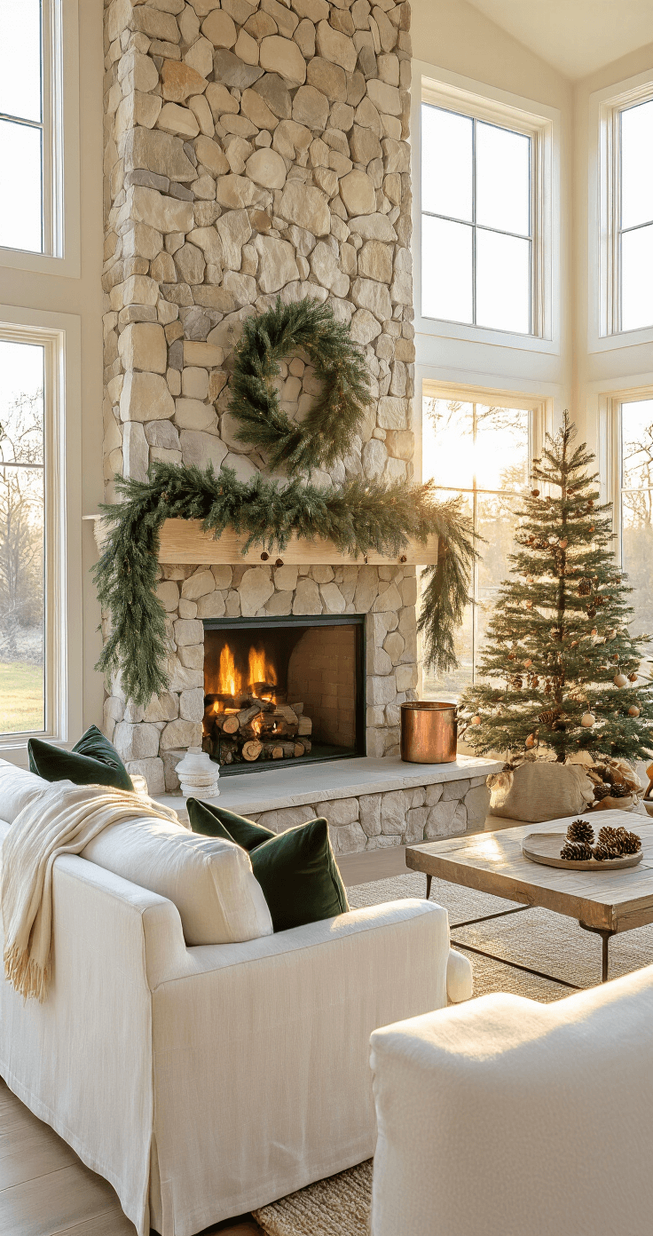 Natural Christmas Decor: A Rustic, Eco-Friendly Holiday Styling Guide A sun-filled living room featuring a floor-to-ceiling stone fireplace decorated with a fresh evergreen and dried orange slice garland, alongside a neatly stacked copper holder of birch logs. Natural light streams through french windows onto a decorated Douglas fir tree and a cream linen sofa with forest green velvet pillows, captured from a corner angle to emphasize depth and warm afternoon glow.