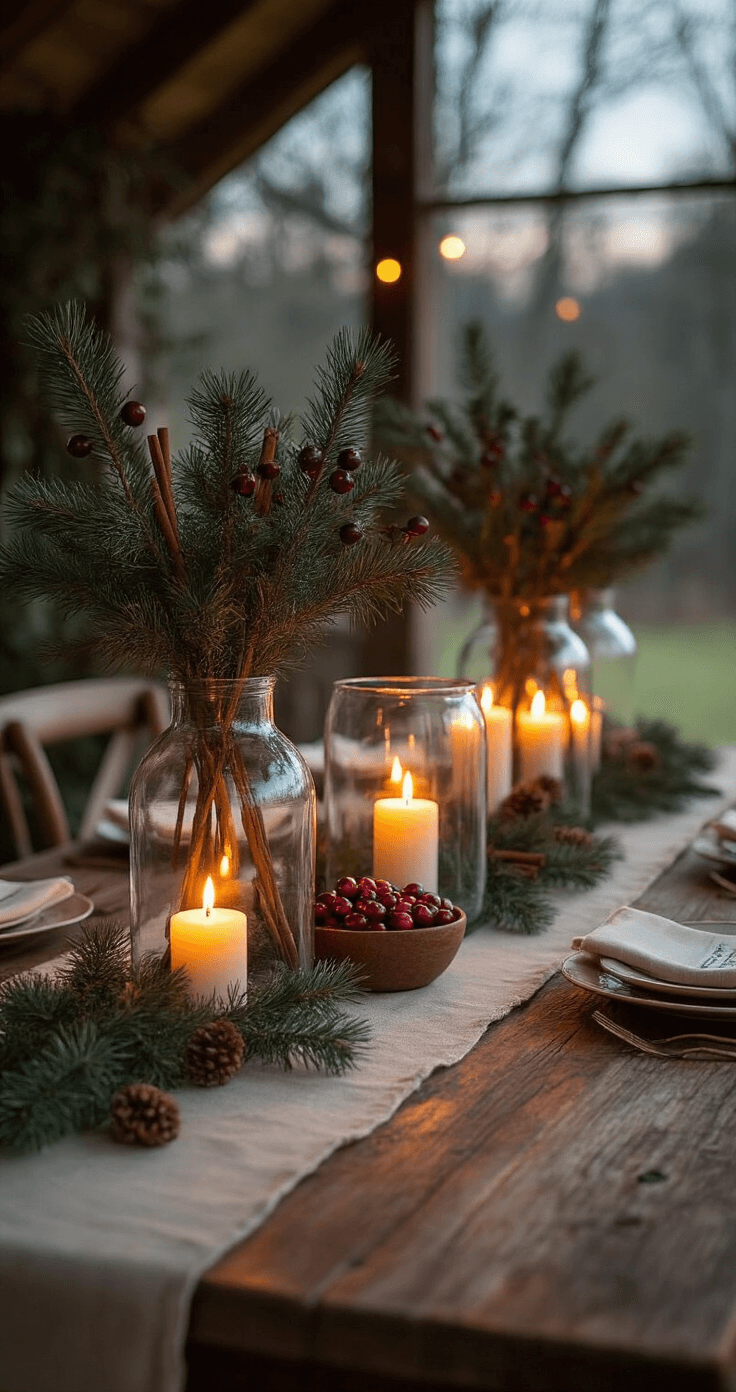Natural Christmas Decor: A Rustic, Eco-Friendly Holiday Styling Guide Intimate dining space at dusk featuring a vintage farmhouse table with a centerpiece of three glass hurricane vases filled with pine branches, cinnamon sticks, and floating cranberries, surrounded by warm candlelight and a natural linen runner.