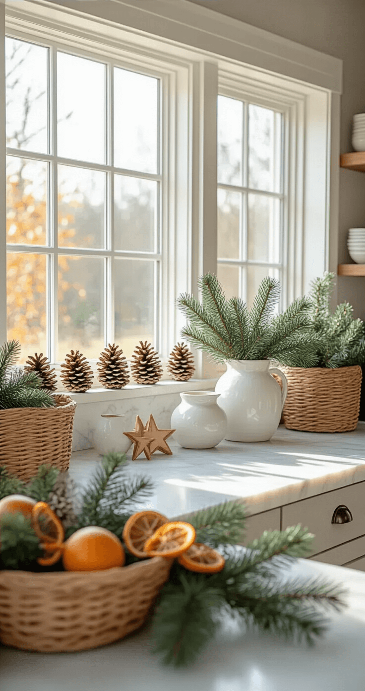 Natural Christmas Decor: A Rustic, Eco-Friendly Holiday Styling Guide A modern rustic kitchen illuminated by morning light, featuring a 6ft window ledge adorned with frosted pinecones, white ceramic vessels filled with evergreen sprigs, and wooden stars. The marble countertops contrast with woven baskets containing dried orange garlands, while the kitchen island is decorated with natural greenery, all captured in an eye-level shot focusing on the window display.