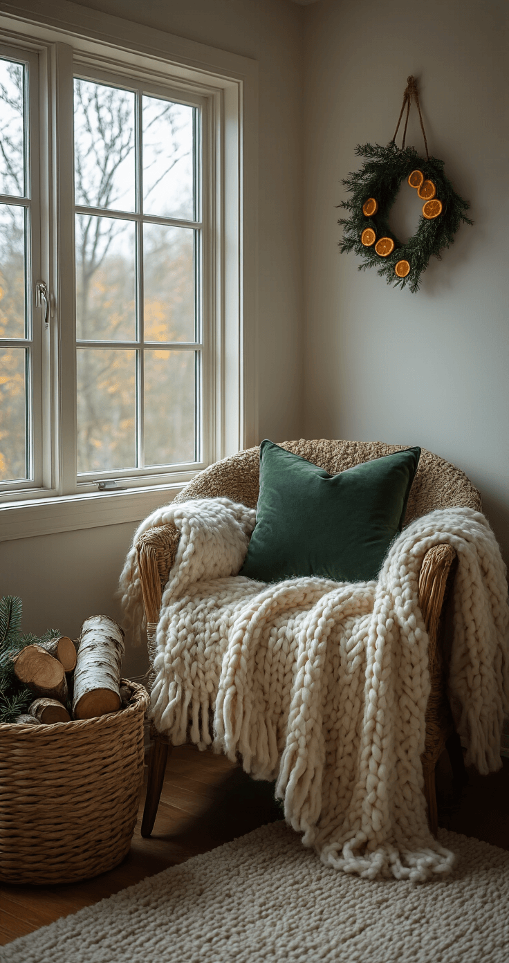 Natural Christmas Decor: A Rustic, Eco-Friendly Holiday Styling Guide Cozy master bedroom corner nook at twilight with a reading chair adorned with a chunky cream wool throw and forest green velvet cushion, a floor basket overflowing with birch logs and evergreen branches, and a window frame decorated with twine-hung dried orange slices, all illuminated by soft ambient lighting.