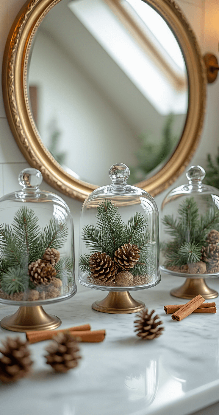 Natural Christmas Decor: A Rustic, Eco-Friendly Holiday Styling Guide Bathroom vanity styled with a white marble counter, featuring three clear glass cloches displaying miniature evergreens, pinecones, and cinnamon stick bundles, with a vintage brass mirror reflecting light from a skylight in a macro shot.