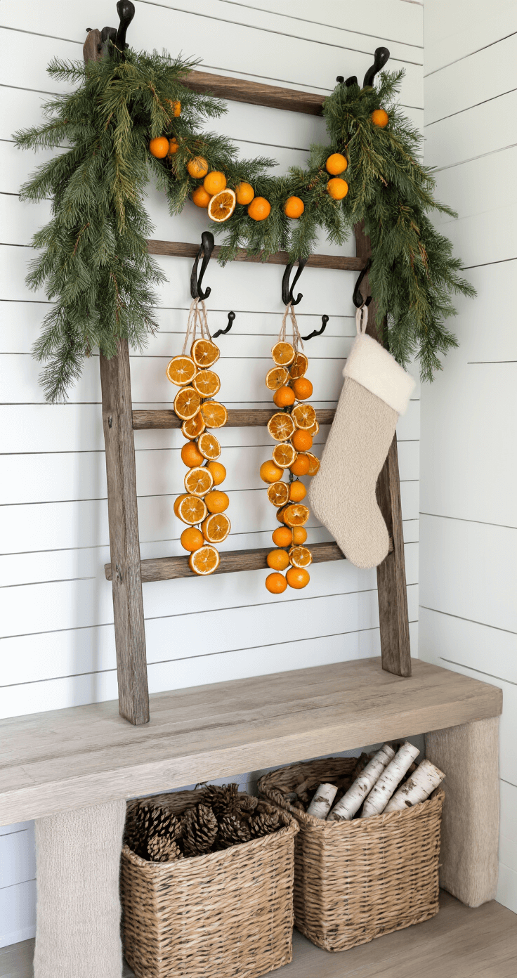 Natural Christmas Decor: A Rustic, Eco-Friendly Holiday Styling Guide A cozy holiday mudroom featuring a vintage ladder adorned with handmade dried citrus garlands and fresh pine swags, alongside natural fiber stockings. The white shiplap walls contrast with dark iron hooks displaying evergreen wreaths. Below, woven baskets neatly store pinecones and birch logs, all illuminated by warm afternoon light.
