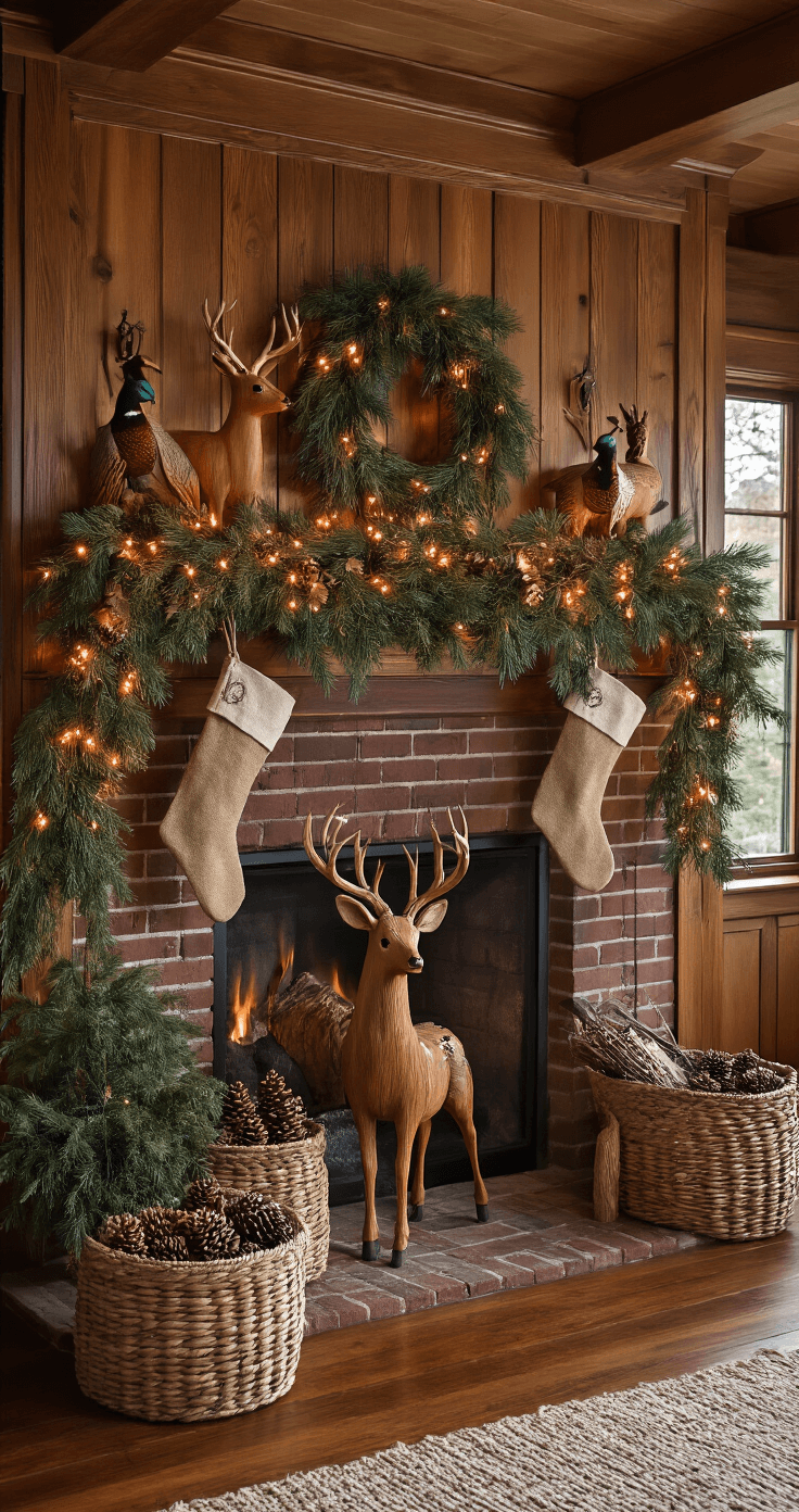 Magical Christmas Mantle Decor: Transform Your Fireplace into a Festive Wonderland Cozy craftsman living room at twilight with rich wood-paneled walls, a brick fireplace, and nature-inspired mantle adorned with cedar garland, pheasant feathers, and copper fairy lights. Wooden carved deer, moss-covered trees, and woven baskets with pinecones create texture, while handmade burlap stockings hang from antique hooks. Warm ambient lighting enhances the scene.