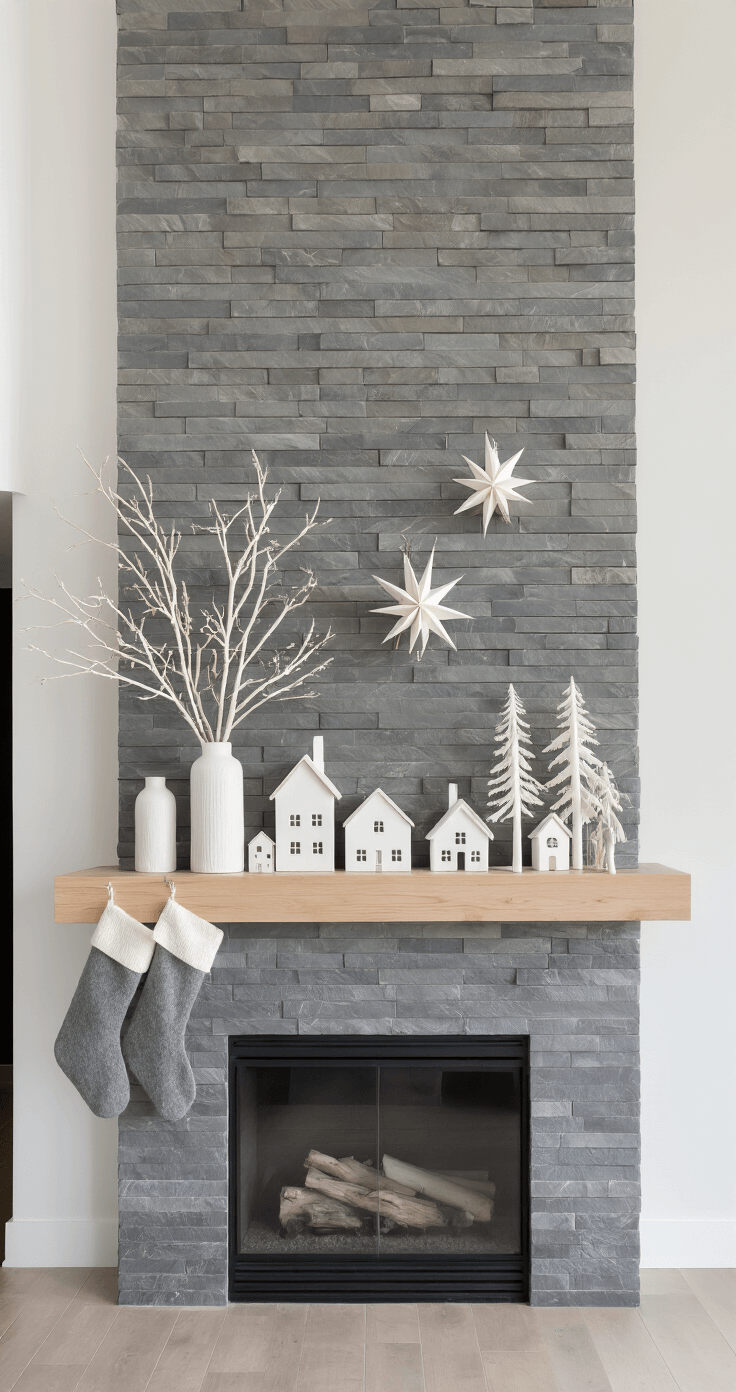 Magical Christmas Mantle Decor: Transform Your Fireplace into a Festive Wonderland Contemporary open-concept great room featuring a floor-to-ceiling slate fireplace, Scandinavian-inspired mantle with white ceramic houses and bleached pine branches, gray wool stockings, and a wide-angle view emphasizing clean lines and negative space.