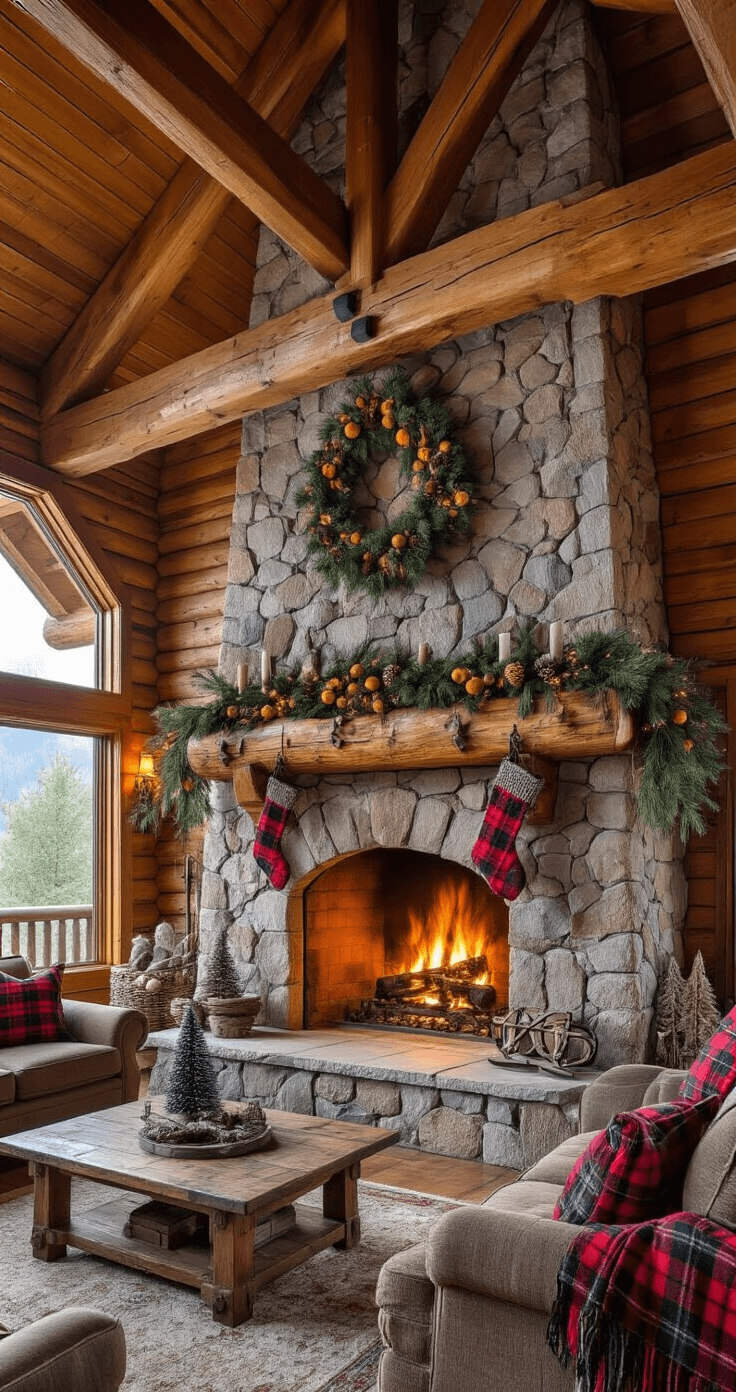 Magical Christmas Mantle Decor: Transform Your Fireplace into a Festive Wonderland A cozy rustic mountain lodge great room featuring exposed beams and a large river rock fireplace at sunset, decorated with pine and cedar garland, sleigh bells, dried orange slices, vintage ice skates, plaid stockings, and weathered wooden trees, captured from a corner angle for depth and texture.