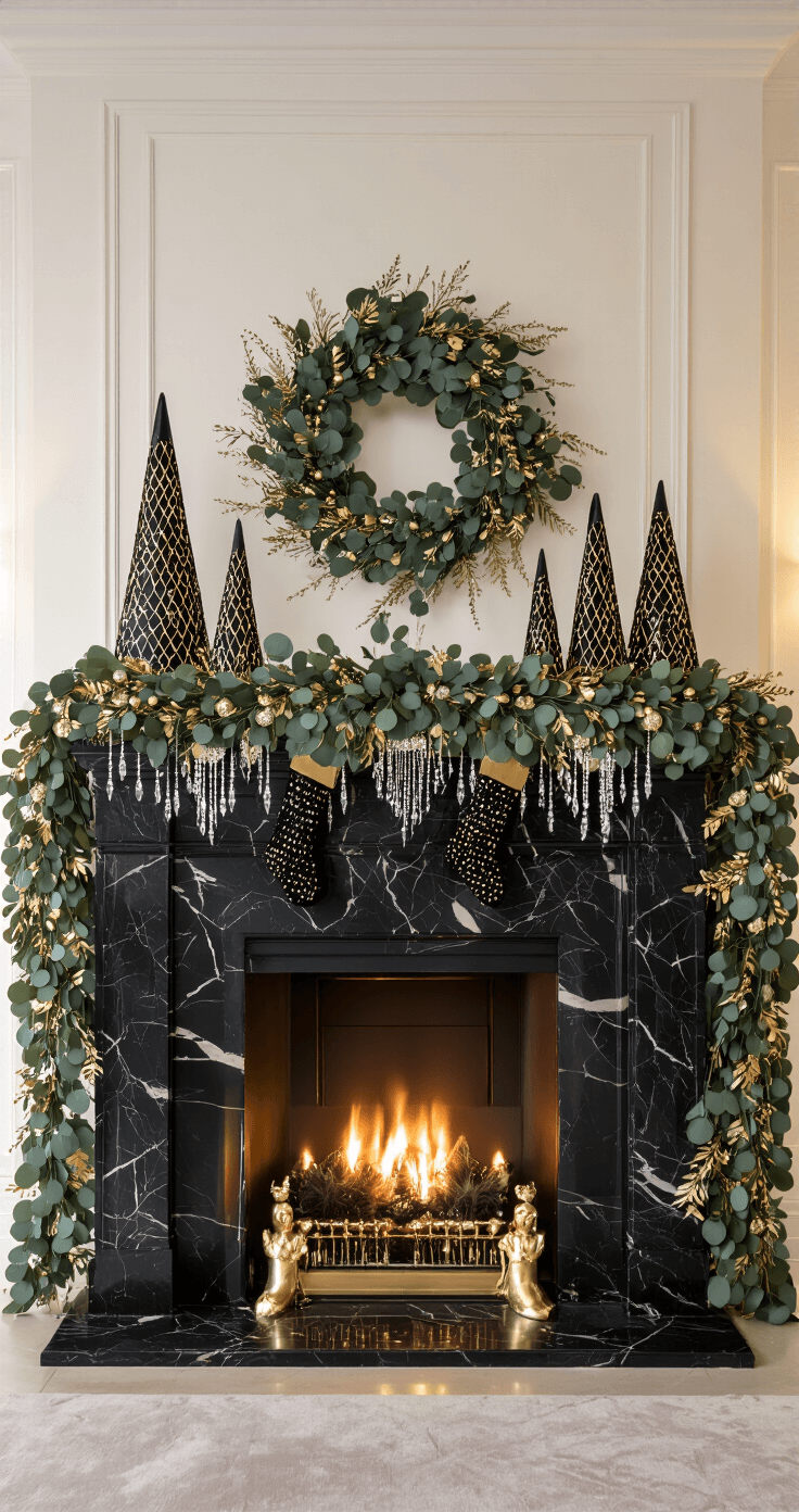 Magical Christmas Mantle Decor: Transform Your Fireplace into a Festive Wonderland Art deco-inspired formal living room at night featuring a black marble fireplace, a gold-sprayed eucalyptus garland with peacock feathers and crystal drops on the mantle, geometric black and gold trees, and beaded stockings, all highlighted by dramatic uplighting.