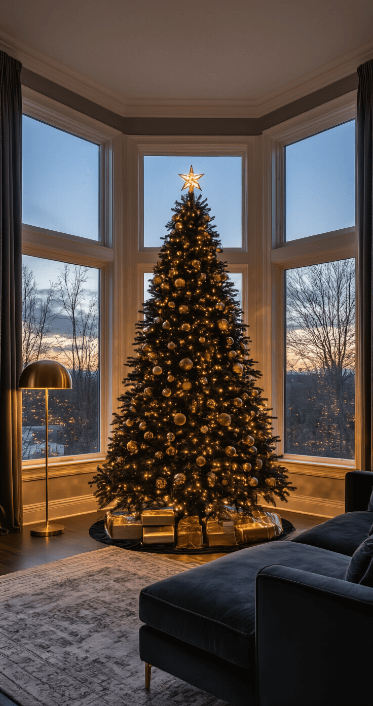 Black Christmas Trees: The Ultimate Bold & Unconventional Holiday Decor Statement A high-angle view of a grand living room at dusk, featuring a 9-foot matte black Christmas tree in a bay window alcove, adorned with warm LED lights and gold and copper ornaments, against the backdrop of a twilight sky. A charcoal gray velvet sofa faces the tree, illuminated by a brass floor lamp, with modern minimal decor including silk, metal, and glass textures, creating a moody atmospheric quality.