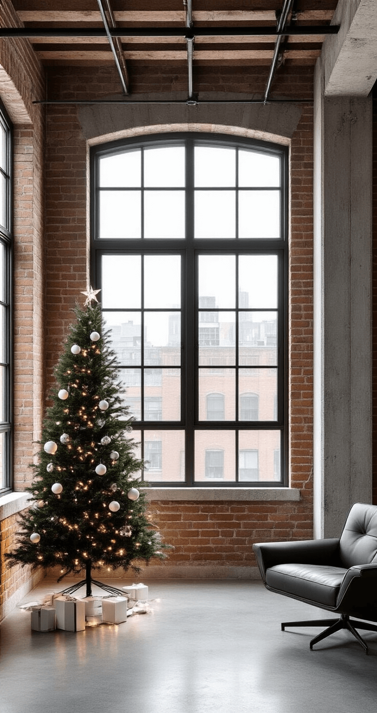 Black Christmas Trees: The Ultimate Bold & Unconventional Holiday Decor Statement A contemporary urban loft featuring an exposed brick wall and industrial windows, with a 7-foot black pencil tree adorned in minimalist white ornaments and cool white LED strings. The scene is illuminated by morning light that streams through steel-framed windows, complemented by gray leather mid-century furniture. The shot is taken from a low angle, emphasizing the vertical lines and modern aesthetic of the space.