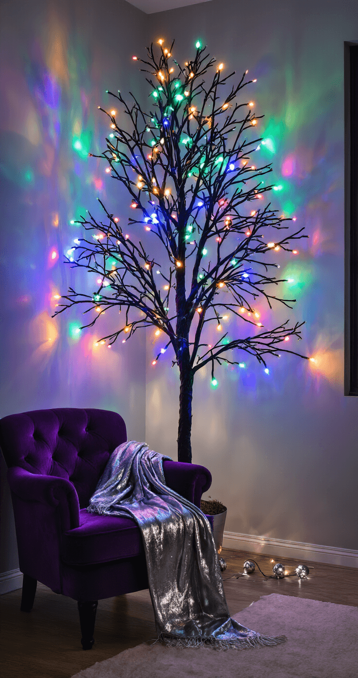Black Christmas Trees: The Ultimate Bold & Unconventional Holiday Decor Statement Cozy midnight apartment corner featuring a 5-foot black tree with color-changing LED lights, a purple velvet armchair with a metallic silver throw blanket, and dark walls reflecting vibrant light trails from the ornaments.