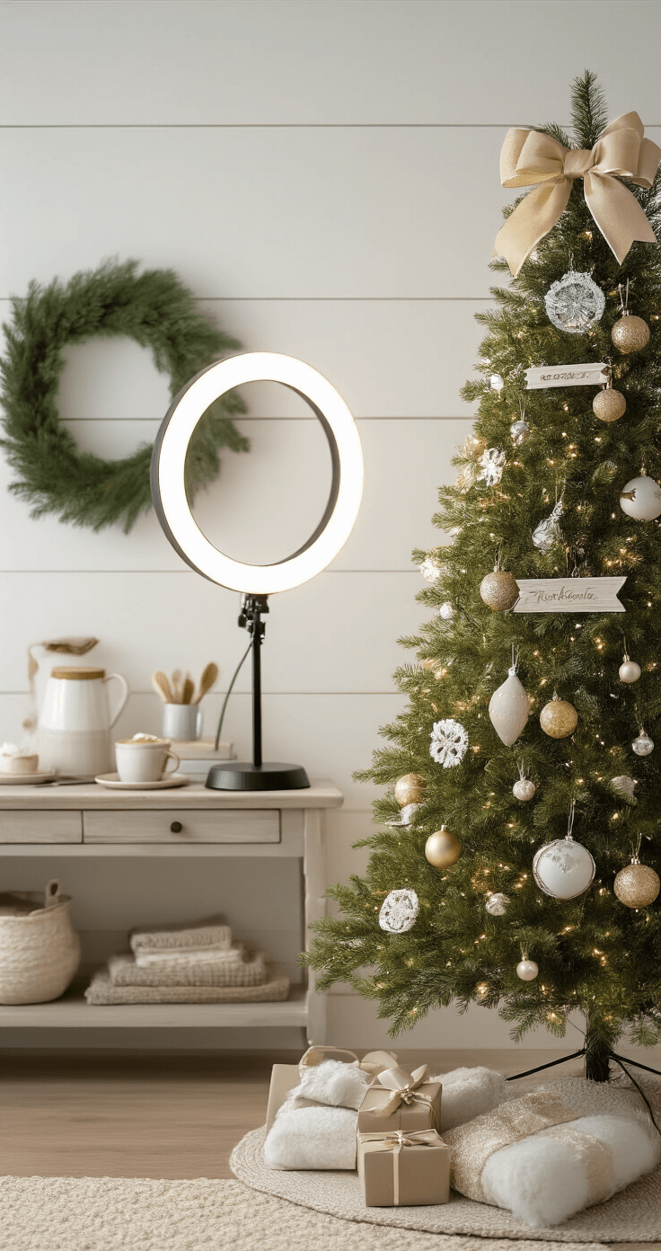 Creative Christmas Tree Ideas for 2025: Unleash Your Festive Imagination A stylish 7.5-foot Christmas tree adorned with oversized bows and metallic accents, set against a shiplap wall in a modern farmhouse. A hot chocolate station is nearby, with soft illumination from a ring light, creating a fresh, contemporary atmosphere ideal for social media.