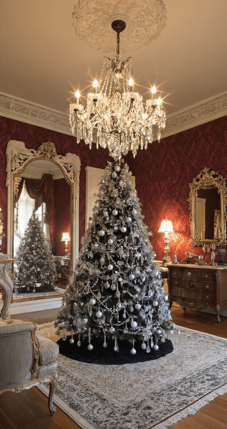 Black Christmas Trees: The Ultimate Bold & Unconventional Holiday Decor Statement A wide-angle view of a Victorian-style parlor at golden hour, showcasing a dramatic 8-foot black tree adorned with vintage silver and crystal ornaments, antique mirrors reflecting light, burgundy damask wallpaper, and an ornate chandelier overhead casting prismatic light, all emphasizing a warm, romantic vintage glamour.
