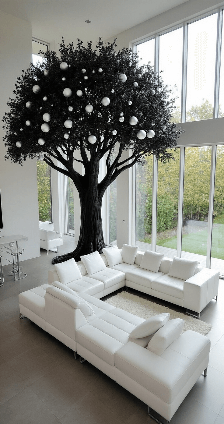 Black Christmas Trees: The Ultimate Bold & Unconventional Holiday Decor Statement A modern open-concept living space featuring floor-to-ceiling windows, with a massive black tree as a sculptural centerpiece, decorated in a monochromatic white scheme with frosted ornaments. The room includes a white leather sectional and chrome accents, all highlighted by high-key lighting that emphasizes the clean lines and contemporary aesthetic.