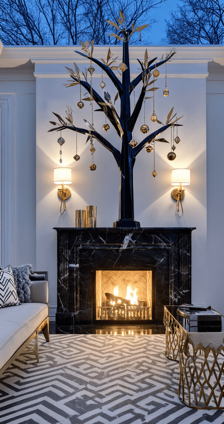 Black Christmas Trees: The Ultimate Bold & Unconventional Holiday Decor Statement Art deco-inspired den at twilight featuring a 7-foot black tree adorned with geometric gold and mirror ornaments, a black marble fireplace, brass fixtures, and zigzag patterns, with dramatic uplighting highlighting the architectural details in a symmetrical composition.