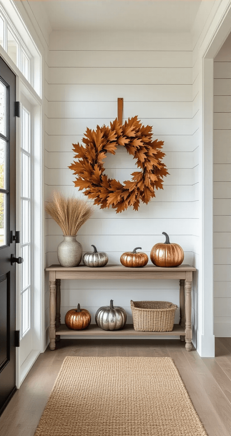 Cozy Fall Decor: Transform Your Home with Autumn's Warmth and Charm A wide-angle view of a modern farmhouse entryway featuring a shiplap accent wall in warm white, a matte black door adorned with a large fall wreath, and a vintage console table holding mercury glass pumpkins, illuminated by soft afternoon light.