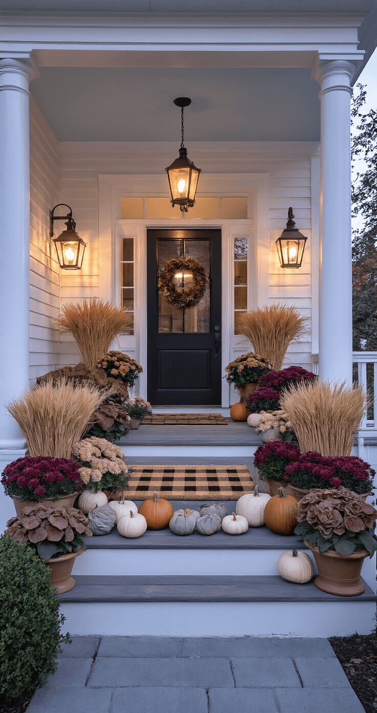 Cozy Fall Decor: Transform Your Home with Autumn's Warmth and Charm Front porch vignette at twilight featuring white painted columns, aged copper lanterns, layered doormats, large ceramic urns with preserved wheat and mums, and an asymmetrical pumpkin grouping in cream, sage, and copper.