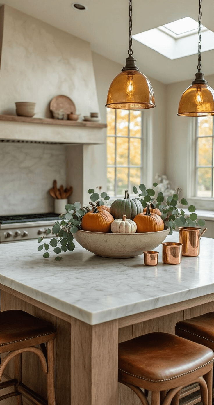 Cozy Fall Decor: Transform Your Home with Autumn's Warmth and Charm A kitchen island styled with a marble top, featuring a vintage dough bowl filled with heirloom pumpkins in muted orange and green, scattered eucalyptus, and copper vessels. Amber glass pendant lights illuminate the scene, while wooden bar stools with leather seats add warmth. The composition is captured from a 45-degree angle, with natural light from a skylight creating gentle highlights.