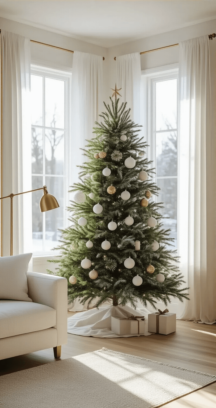 Christmas Tree Decorations 2025: A Trendsetter's Guide to Festive Home Styling A bright, airy 12-foot living room with a minimalist 7-foot Christmas tree in a corner bay window, adorned with matte white, natural wood, and brass geometric ornaments. Morning sunlight filters through sheer white curtains, accentuating the white oak flooring, cream linen sofa, and brass floor lamp, with soft shadows and a slight bokeh effect.
