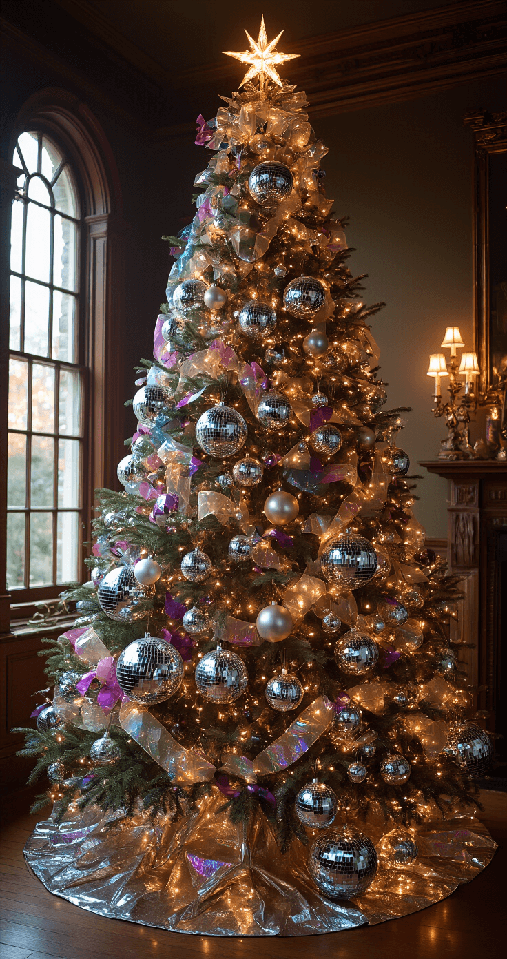 Christmas Tree Decorations 2025: A Trendsetter's Guide to Festive Home Styling A dramatic low-angle view of a 9-foot maximalist disco-themed Christmas tree in a high-ceiling Victorian parlor, adorned with mirrored disco balls, metallic streamers, and holographic ornaments, illuminated by warm uplighting and twinkling fairy lights against deep jewel-toned walls.
