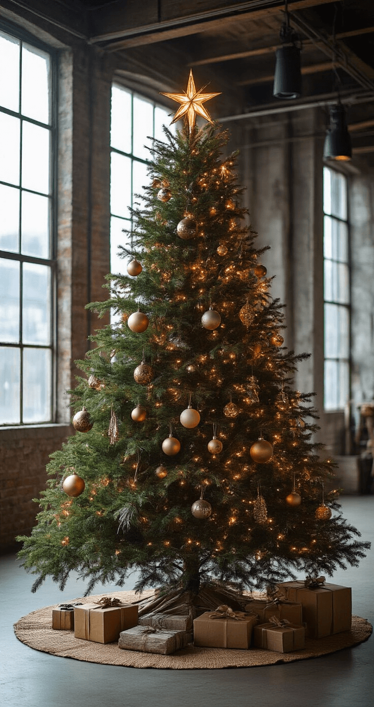 Christmas Tree Decorations 2025: A Trendsetter's Guide to Festive Home Styling A beautifully decorated eco-luxe Christmas tree in an industrial loft, featuring vintage ornaments and sustainable decorations, illuminated by warm LED lights, casting shadows on concrete walls and contrasting raw elements with brass and copper accents.