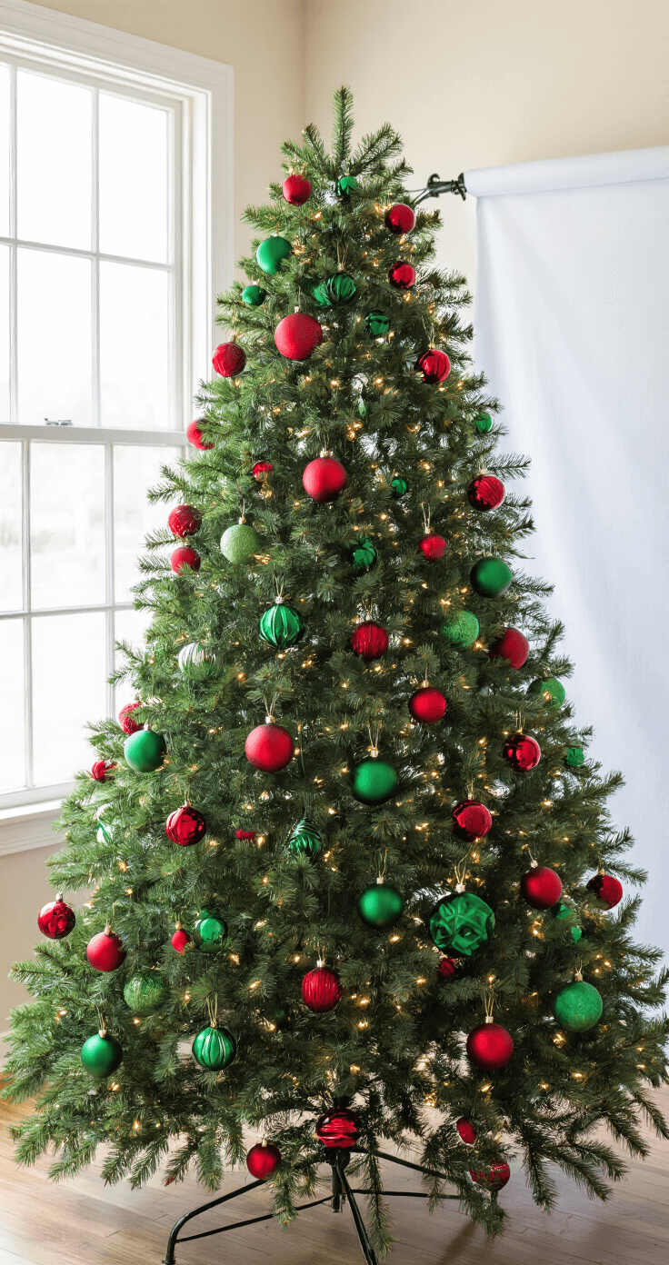 Christmas Tree Decorations 2025: A Trendsetter's Guide to Festive Home Styling Professional Christmas tree photoshoot setup featuring a decorated tree with red and green glass ornaments, positioned at an angle near large north-facing windows. Soft, diffused daylight illuminates the scene, complemented by multiple softboxes, while a seamless white backdrop enhances the composition. The camera is set on a tripod at f/8 for detailed product photography, with the shot tethered to a computer for real-time review.