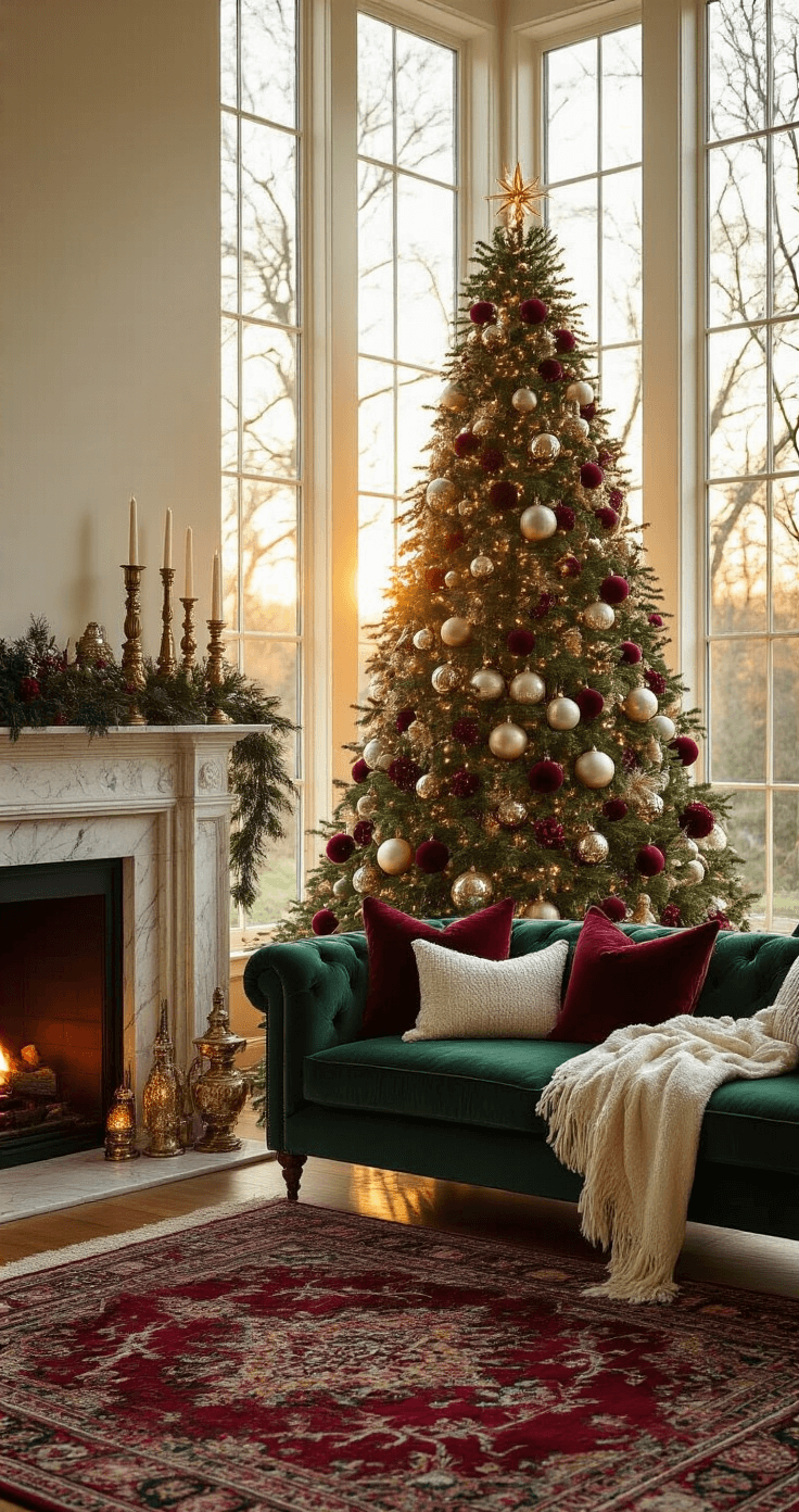Magical Christmas Decor 2025: Nostalgic Charm Meets Modern Maximalism A cozy living room at golden hour with a tall flocked Christmas tree adorned with oversized mercury glass ornaments and burgundy ribbons, deep emerald velvet sofa with cream knit throws, and vintage brass candlesticks on a marble mantel, all illuminated by sunlight through floor-to-ceiling windows.