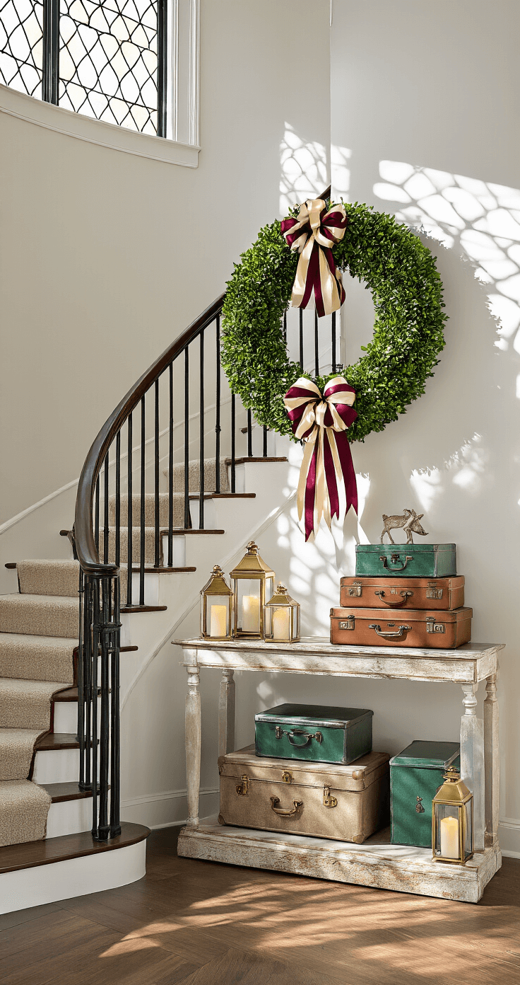 Magical Christmas Decor 2025: Nostalgic Charm Meets Modern Maximalism A dramatic 12ft entryway featuring a curved staircase bathed in morning light with shadows from leaded glass, adorned with a 36-inch preserved boxwood wreath and champagne and burgundy striped ribbons, surrounded by brass lanterns with battery-operated candles, vintage suitcases wrapped in emerald paper, and a weathered console table, all captured in symmetry with cool morning tones contrasting warm decor elements.