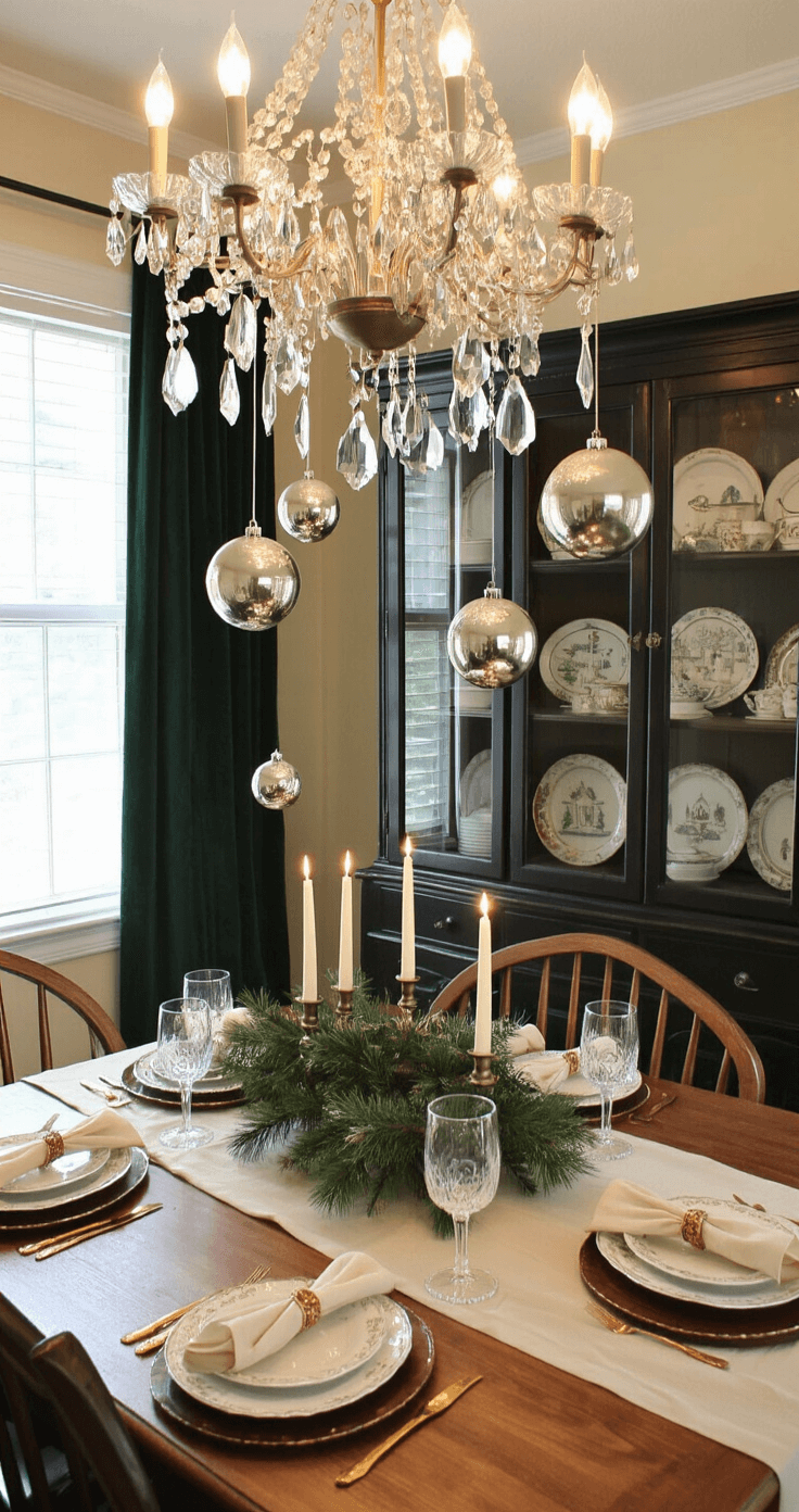 Magical Christmas Decor 2025: Nostalgic Charm Meets Modern Maximalism An intimate dining room at dusk featuring a farmhouse table with cream linens and vintage brass candlesticks, illuminated by a crystal chandelier. Oversized mercury glass ornaments hang above the table, creating a magical canopy effect. A dark wood china cabinet showcases vintage Christmas plates, while forest green velvet curtains frame the window. The scene is shot from table height, highlighting the suspended ornaments and soft chandelier light.