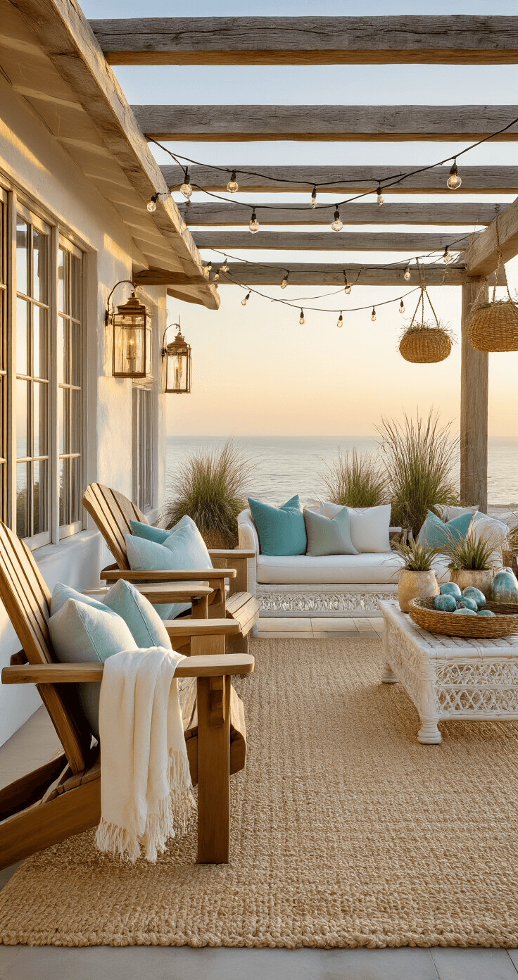 Outdoor Coastal Decor: Transform Your Patio into a Serene Beach Retreat A coastal patio at golden hour featuring weathered teak Adirondack chairs, a distressed white rattan sofa with layered pillows, a natural jute rug, potted coastal grasses, vintage glass floats, driftwood accents, white-washed lanterns, and soft string lights above textured stucco walls.