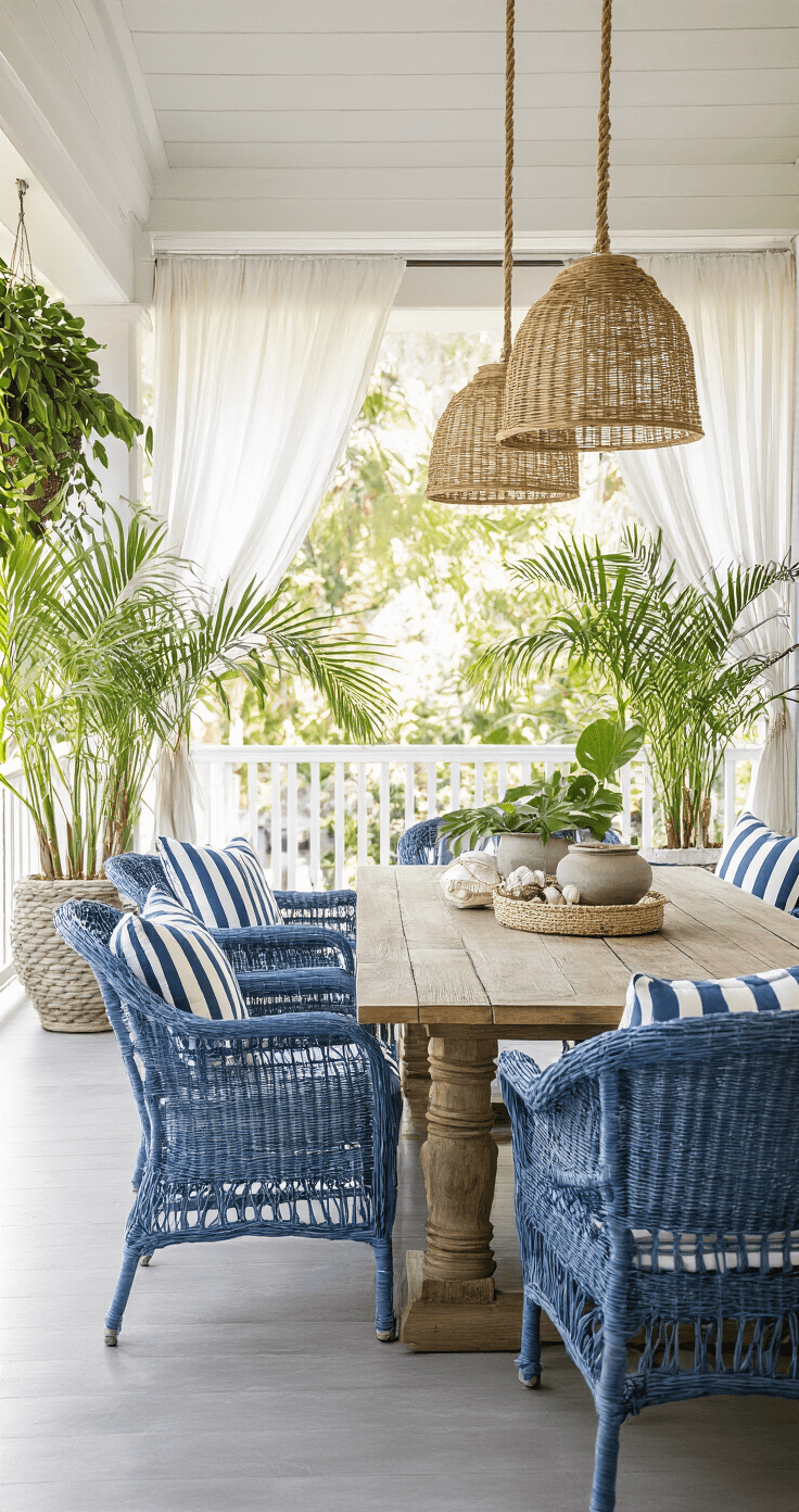 Outdoor Coastal Decor: Transform Your Patio into a Serene Beach Retreat A cozy covered veranda with a reclaimed teak dining table surrounded by blue-gray wicker chairs with striped cushions, illuminated by late afternoon light filtering through gossamer curtains; oversized ceramic planters filled with palm fronds, rope-wrapped pendant lights, a whitewashed shiplap ceiling, and decorative shell garlands and vintage nautical instruments enhance the inviting atmosphere.