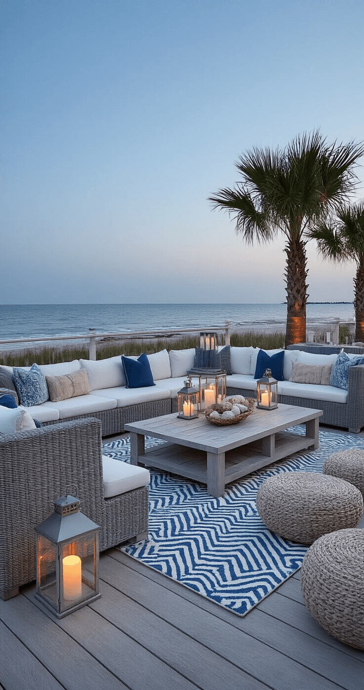 Outdoor Coastal Decor: Transform Your Patio into a Serene Beach Retreat Wide-angle view of a beachside deck at dusk featuring gray rattan sectional furniture with coastal blue cushions, layered geometric rugs, oversized hurricane lanterns with LED candles, driftwood and seashell decor on white console tables, uplighting on palm trees, and natural fiber poufs for seating.