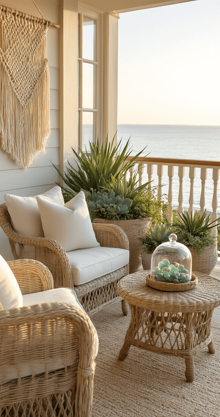 Outdoor Coastal Decor: Transform Your Patio into a Serene Beach Retreat Intimate coastal balcony setting featuring slipcovered club chairs, a handwoven rattan side table with sea glass under a cloche, vintage zinc planters with coastal succulents, a macramé wall hanging, and a nautical rope balustrade, all illuminated by soft morning golden hour light.