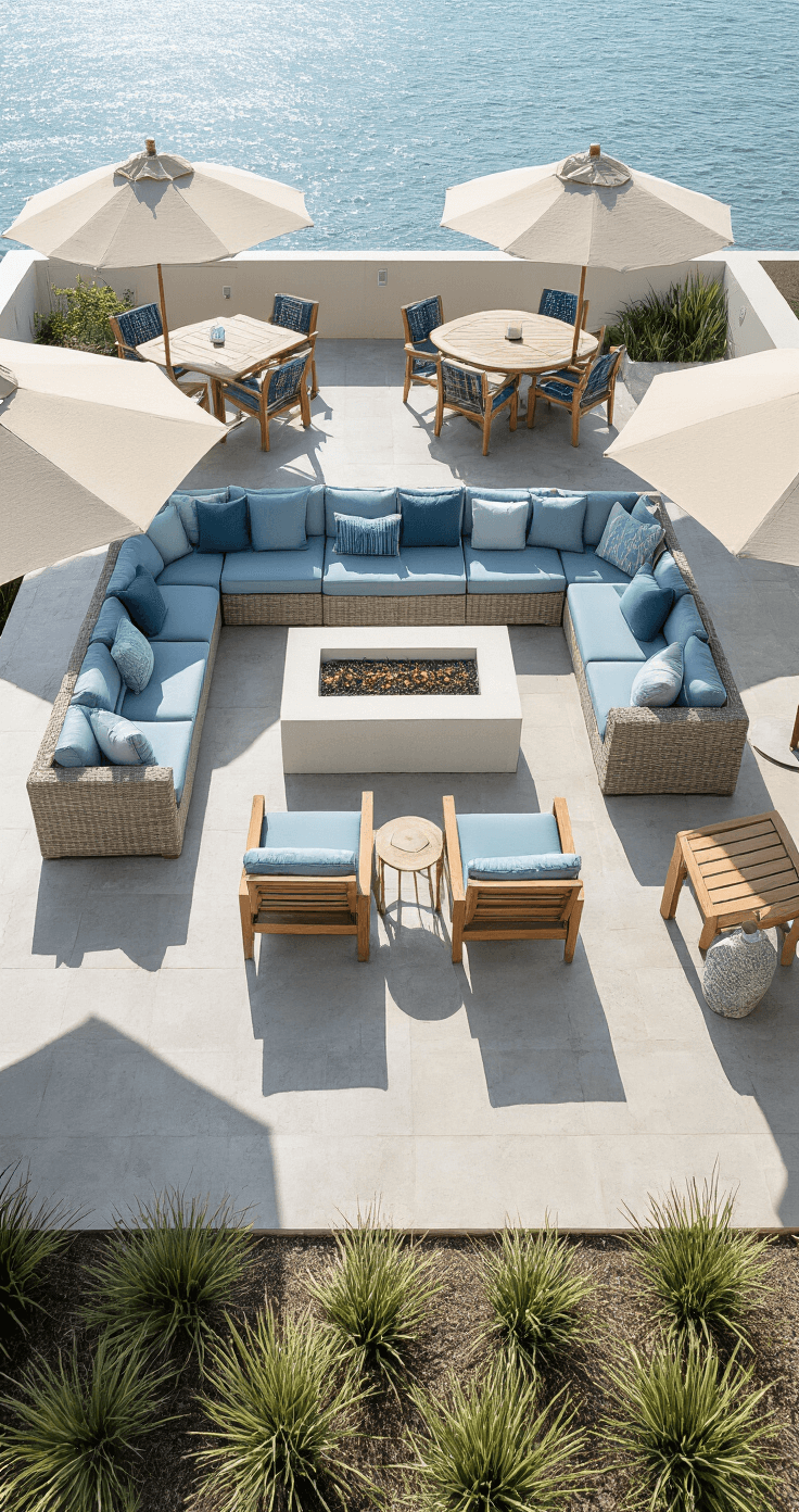 Outdoor Coastal Decor: Transform Your Patio into a Serene Beach Retreat Overhead drone shot of a 30x20ft oceanfront terrace featuring L-shaped modular seating in weather-resistant wicker, a central whitewashed concrete fire pit surrounded by teak club chairs, muted coastal palette geometric cement tiles defining the dining area, oversized natural canvas umbrellas, integrated LED strip lighting, and coastal ornamental grasses for privacy.