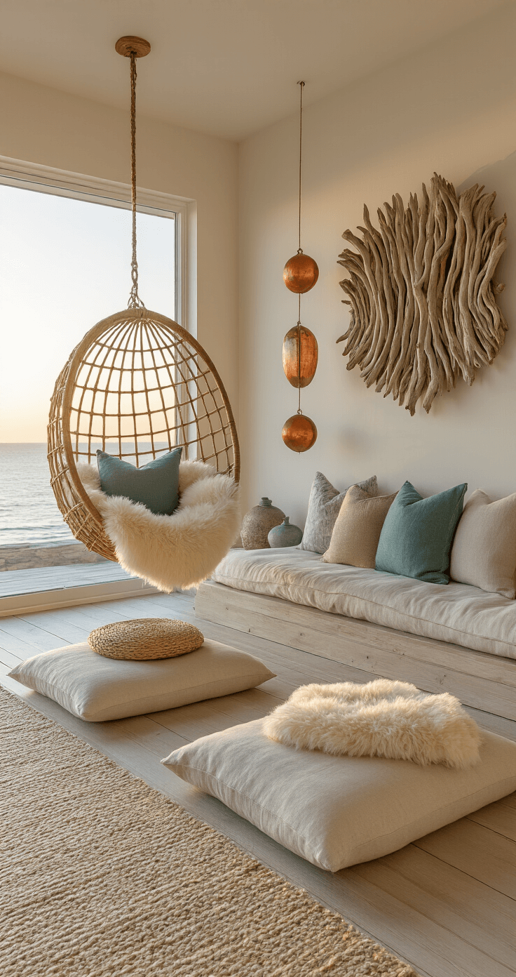 Outdoor Coastal Decor: Transform Your Patio into a Serene Beach Retreat A serene meditation corner featuring floor cushions in natural linen and cotton on a bleached teak platform, a hanging rattan egg chair with sheepskin and ocean-toned pillows, a wall-mounted driftwood installation, glass fishing floats reflecting sunset light, sea glass-toned ceramic vessels, and salt-worn copper wind chimes in a tranquil setting.