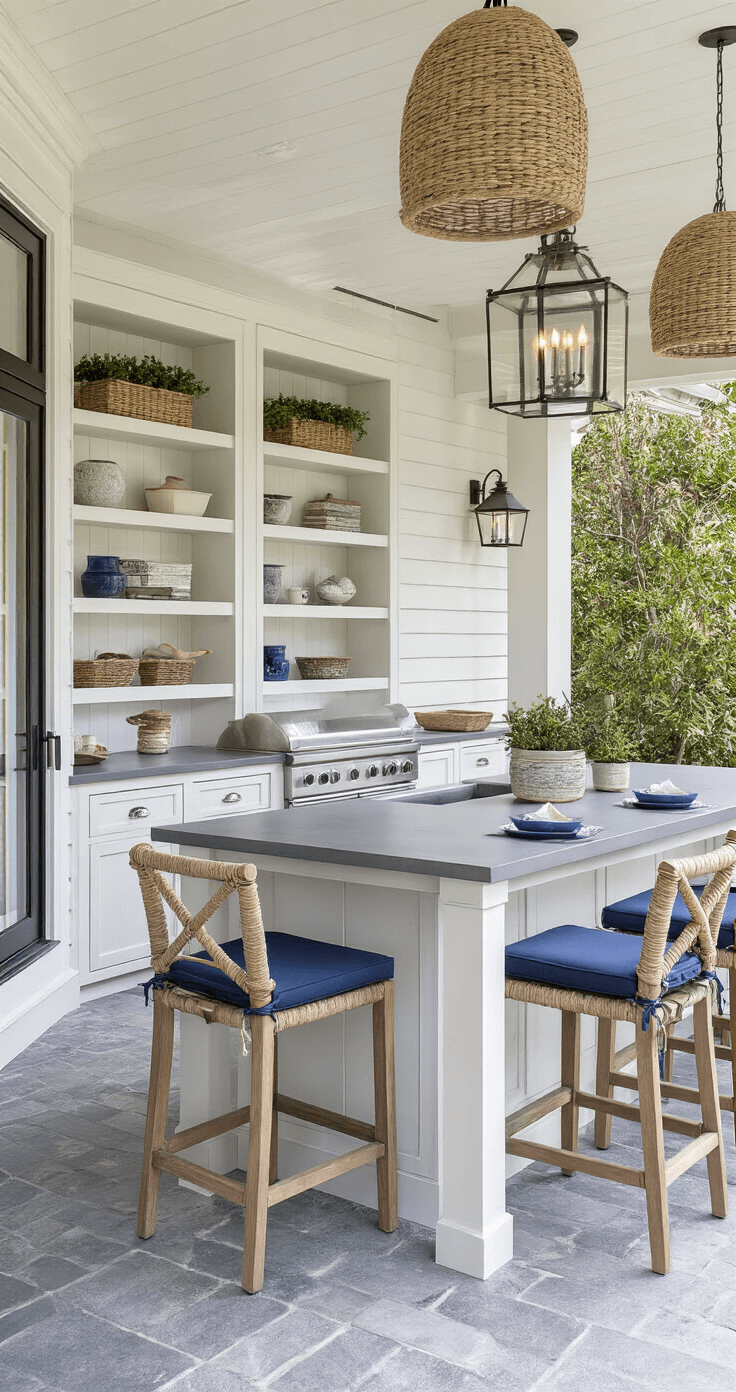Outdoor Coastal Decor: Transform Your Patio into a Serene Beach Retreat Twilight view of a spacious 18x24ft entertainment deck featuring an outdoor kitchen with weathered zinc countertops, white cabinets, and teak bar stools with maritime blue cushions. Illuminated shelving displays coastal decor, oversized lanterns with flameless candles add ambiance, and geometric shadows are cast by natural fiber pendant lights. The painted shiplap detail extends to the ceiling, while stone flooring in varied gray tones reflects the look of beach pebbles.