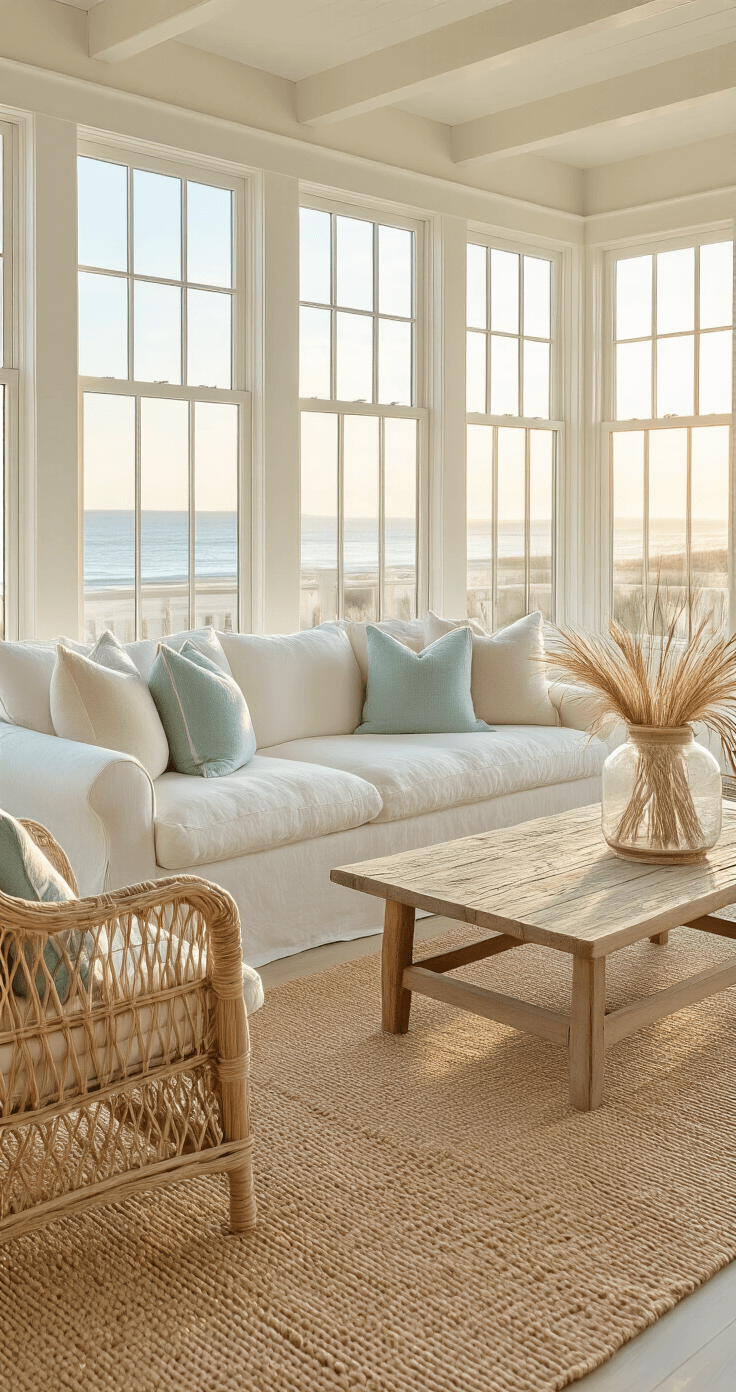 Coastal Living Room Decor: Transform Your Space into a Seaside Sanctuary A sunlit coastal living room featuring a slipcovered ivory sofa with textured pillows, oversized rattan chair, and layered jute rugs, illuminated by golden hour light streaming through bay windows.