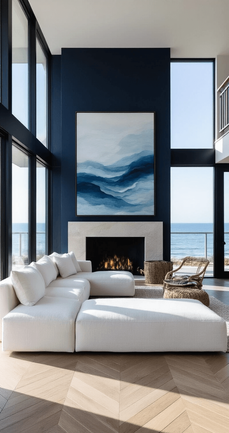 Coastal Living Room Decor: Transform Your Space into a Seaside Sanctuary A modern coastal living space with floor-to-ceiling windows at sunrise, featuring a minimalist white linen sectional against a dark navy accent wall, bleached oak herringbone floors, a contemporary limestone fireplace, mixed metal and rope accents, and oversized abstract ocean artwork in blues and greys, captured from an elevated angle to showcase the spatial flow and dramatic morning light.