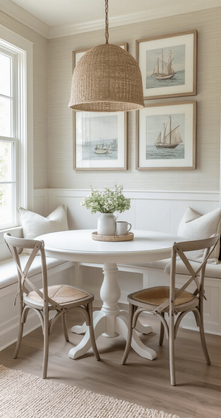 Coastal Living Room Decor: Transform Your Space into a Seaside Sanctuary A cozy beach-themed breakfast nook featuring a white pedestal table surrounded by weathered grey X-back chairs, illuminated by soft afternoon light. A handwoven natural fiber pendant hangs above, while a gallery of vintage coastal prints in whitewashed frames adorns the wall. Textured grasscloth wallpaper adds warmth to the space.