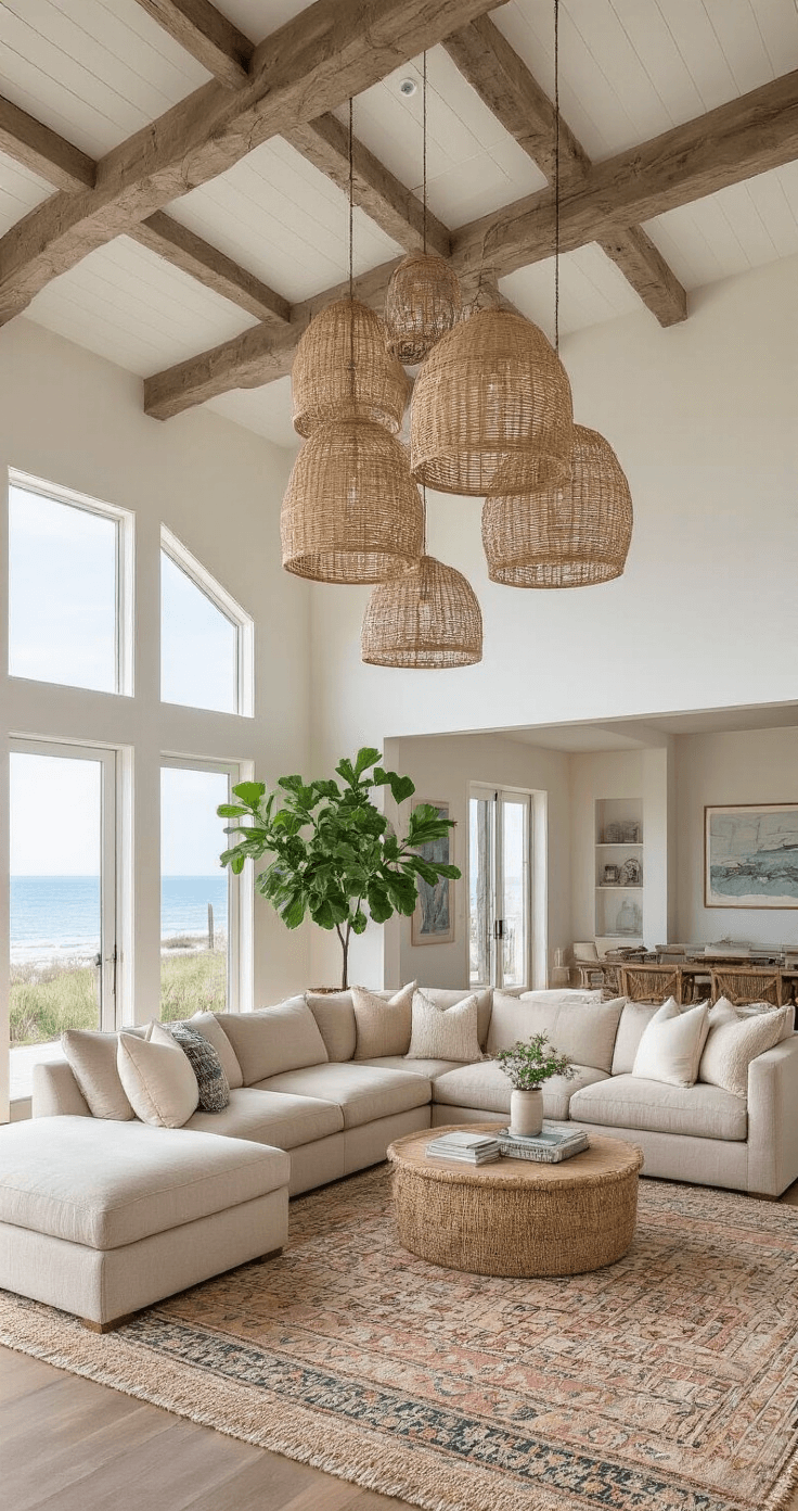 Coastal Living Room Decor: Transform Your Space into a Seaside Sanctuary Open concept coastal great room featuring a sandy beige sectional, vintage kilim rugs, rattan pendant lights, and fiddle leaf figs, all under soaring 12ft ceilings with exposed driftwood beams, conveying a bright and inviting midday atmosphere.