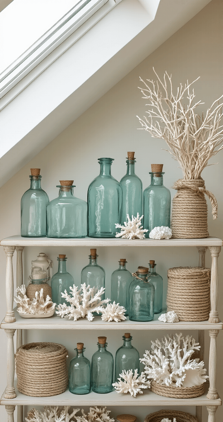 Coastal Shelf Decor: Transform Your Space with Serene Beach-Inspired Styling Overhead view of a vintage étagère decorated with coastal elements, featuring sea glass apothecary bottles, white coral, and nautical rope, illuminated by soft natural light from clerestory windows, accented with weathered brass hardware.