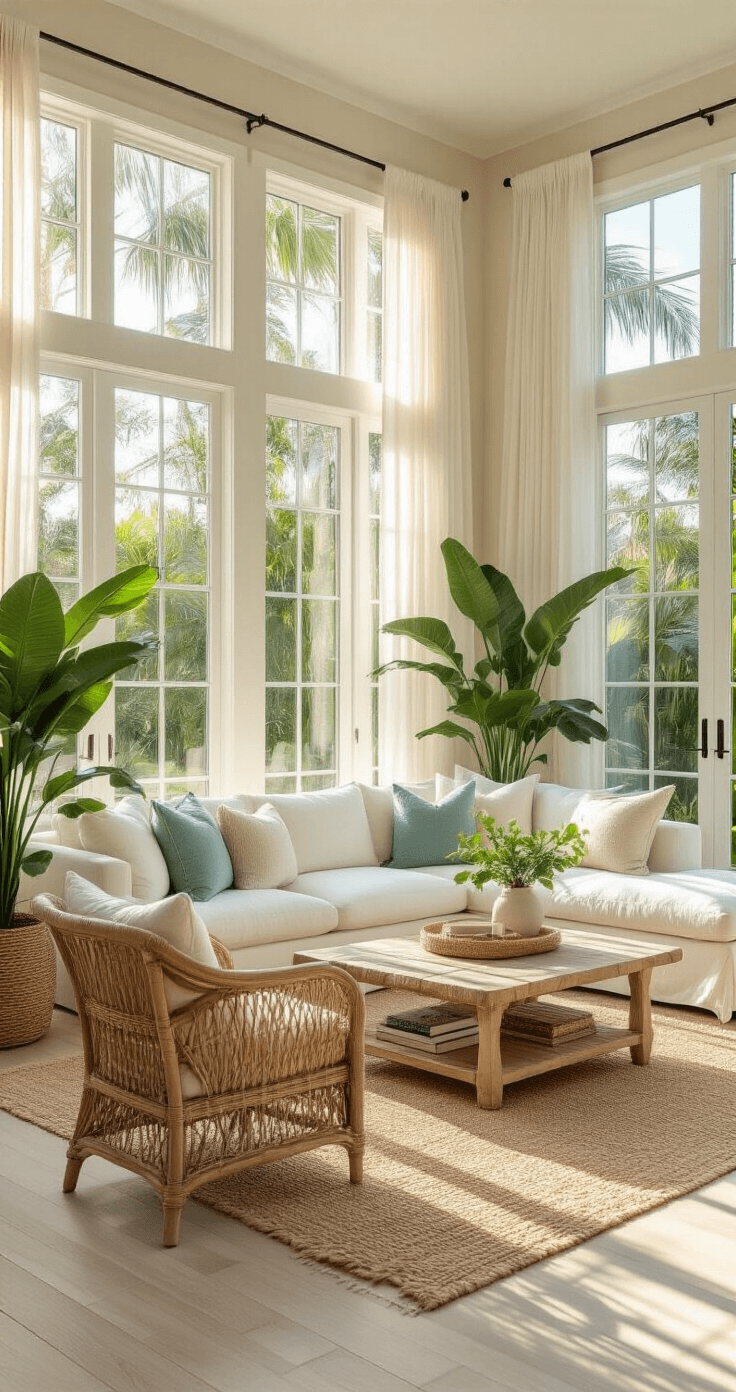 Florida Living Room Ideas: Craft Your Sun-Drenched Coastal Sanctuary A sunlit Florida living room featuring floor-to-ceiling windows, whitewashed oak floors, a cloud-white linen sectional with seafoam and sand-toned pillows, oversized monstera plants, a natural jute rug, rattan accent chairs, and a bleached driftwood coffee table, all bathed in warm golden hour light.