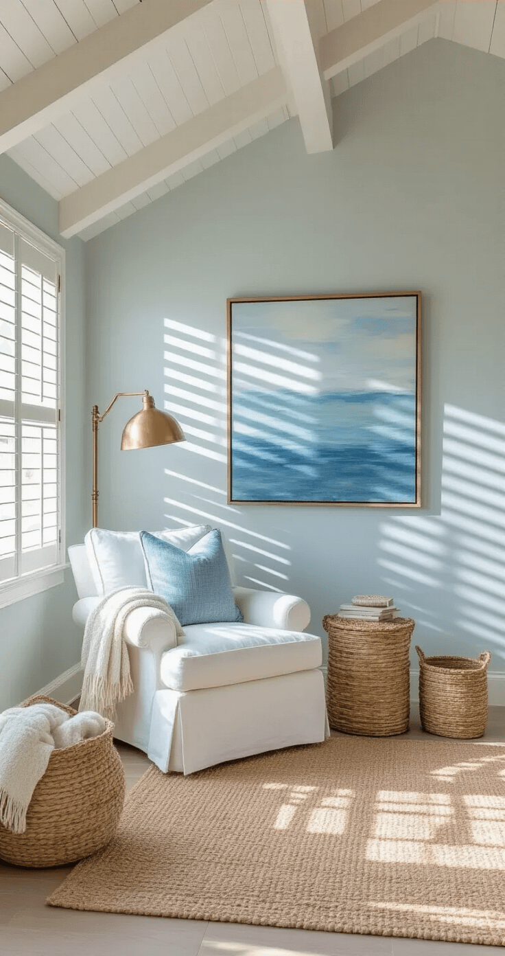 Florida Living Room Ideas: Craft Your Sun-Drenched Coastal Sanctuary A coastal sitting area with vaulted ceilings and plantation shutters, featuring an oversized white armchair, weathered brass floor lamp, layered textures, and large-scale abstract ocean art, captured from a low angle to emphasize height and depth.