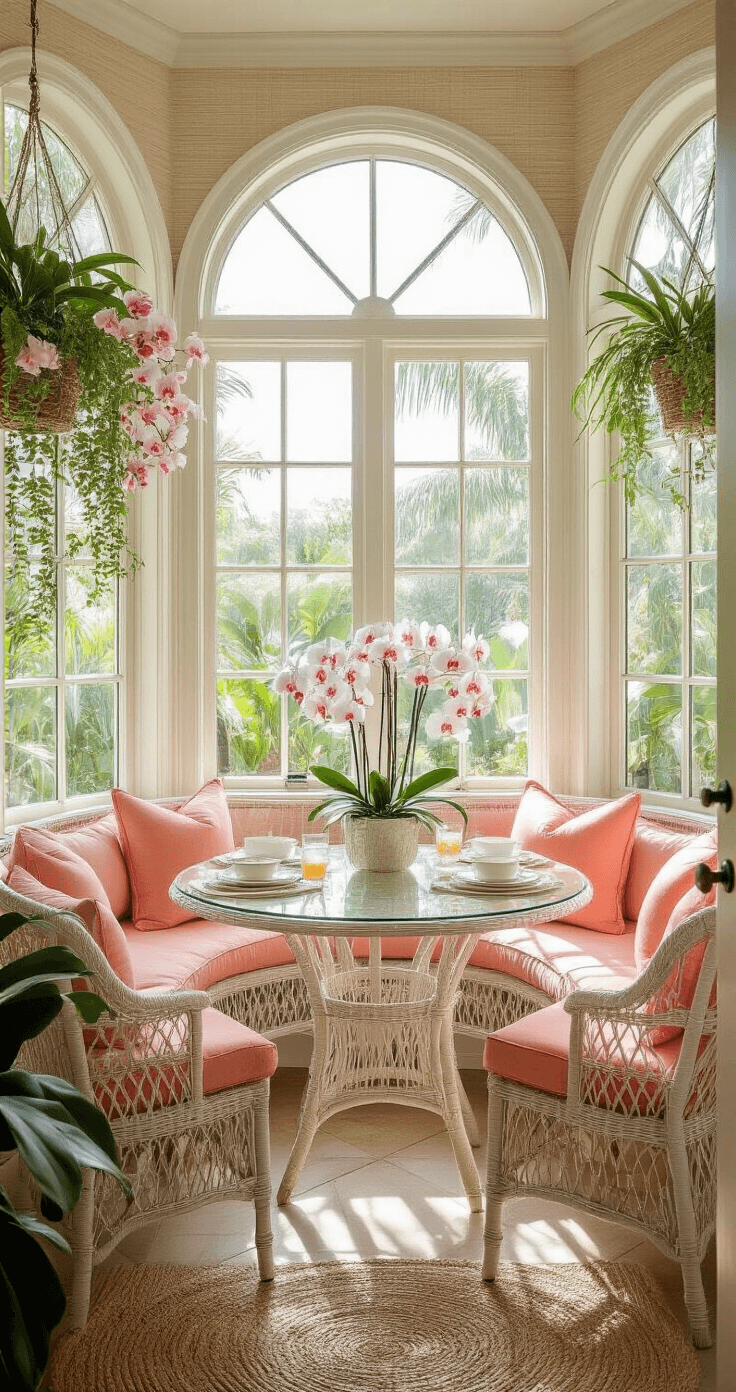 Florida Living Room Ideas: Craft Your Sun-Drenched Coastal Sanctuary Intimate breakfast nook in Florida at dawn, featuring a curved bay window with tropical garden views, a whitewashed rattan dining set with a glass top table in pale coral linen, cascading potted orchids, and sea glass collections on the windowsills. The sandy beige grasscloth wallpaper adds warmth, while gentle morning light creates an ethereal atmosphere with a subtle lens flare.