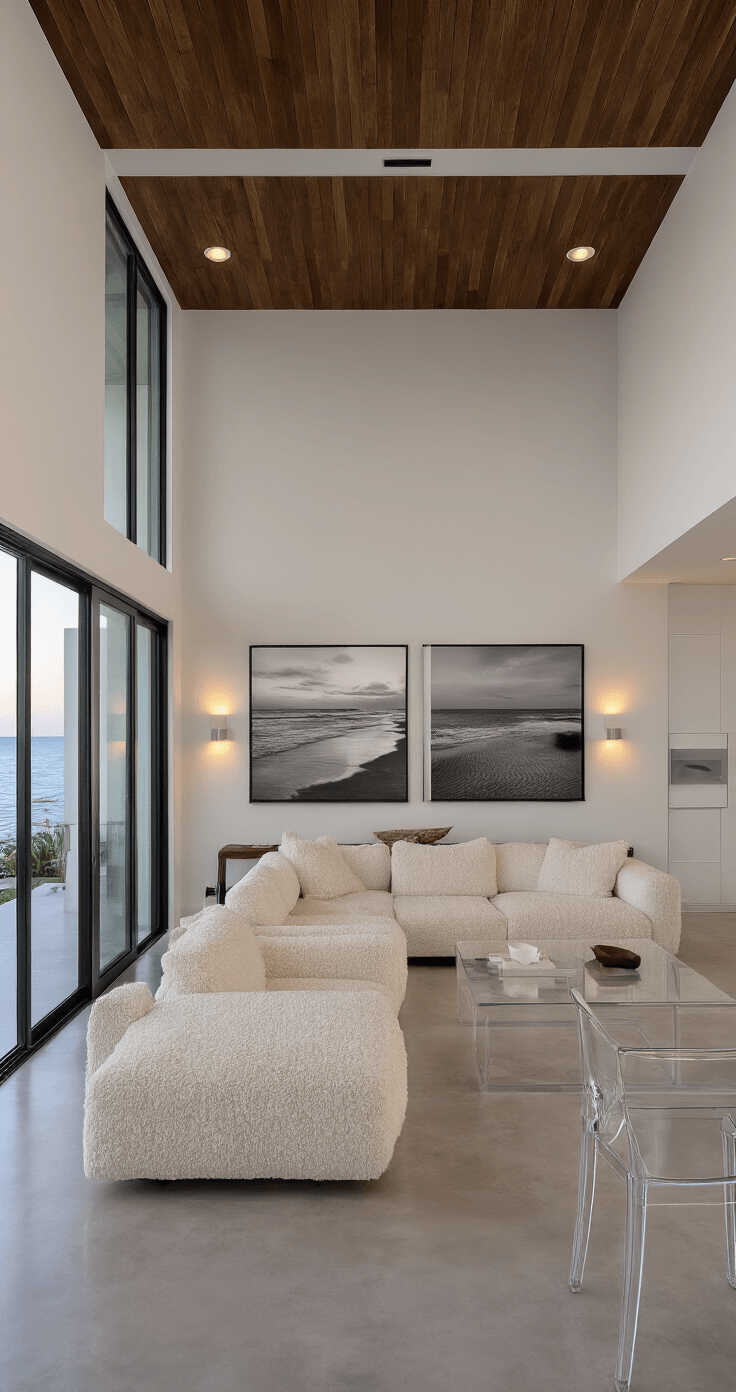 Florida Living Room Ideas: Craft Your Sun-Drenched Coastal Sanctuary Modern coastal living space at twilight featuring minimalist white walls and rich coconut shell paneling, with an oatmeal bouclé sofa, sliding glass doors, accent lighting highlighting black and white beach photography, polished concrete floors, ghost chairs, and lucite tables, all captured from an elevated angle with a spacious, geometric perspective.
