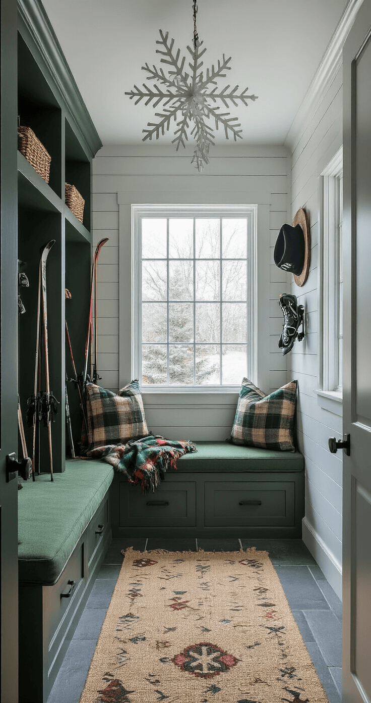 Magical Christmas Decor 2025: Nostalgic Charm Meets Modern Maximalism A cozy 6x8ft mudroom at blue hour, featuring a built-in bench with a hunter green cushion and plaid wool throws, vintage ski equipment and ice skates on shiplap walls, oversized paper snowflakes hanging from the ceiling, and a natural fiber runner with holiday motifs, captured from a doorway perspective with a blend of cool outdoor light and warm indoor illumination.