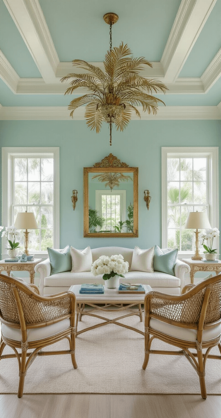Florida Living Room Ideas: Craft Your Sun-Drenched Coastal Sanctuary Luxurious Florida sitting room with pale aqua walls and ivory trim, featuring a sand-tone velvet sofa, brass and rattan chairs, and a vintage palm leaf chandelier, all bathed in afternoon light and reflected in a large weathered gold-framed mirror.