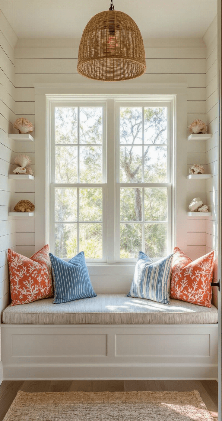 Florida Living Room Ideas: Craft Your Sun-Drenched Coastal Sanctuary An intimate Florida reading nook features a built-in window seat with mixed-pattern cushions, surrounded by warm, natural light filtered through gauzy curtains, showcasing a cozy alcove decorated with shells and coral on floating shelves, all framed by a white shiplap backdrop.